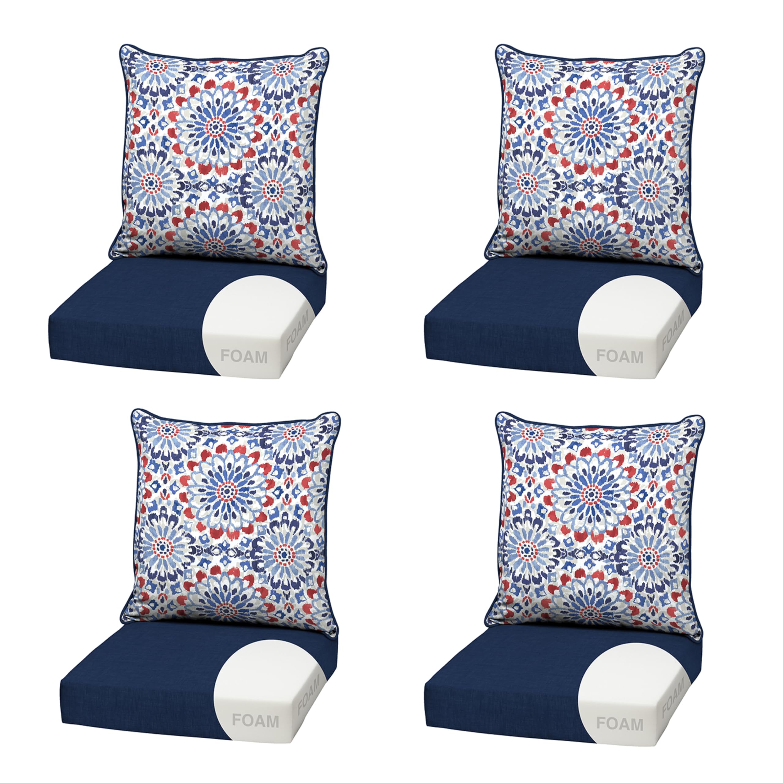 Arden Outdoor Foam Deep Seat Cushion (4-Pack), 22x24, Premium High-Density Foam, Never Flattens, Weather-Proof for Patio Chair Sofa Couch, Clark Blue