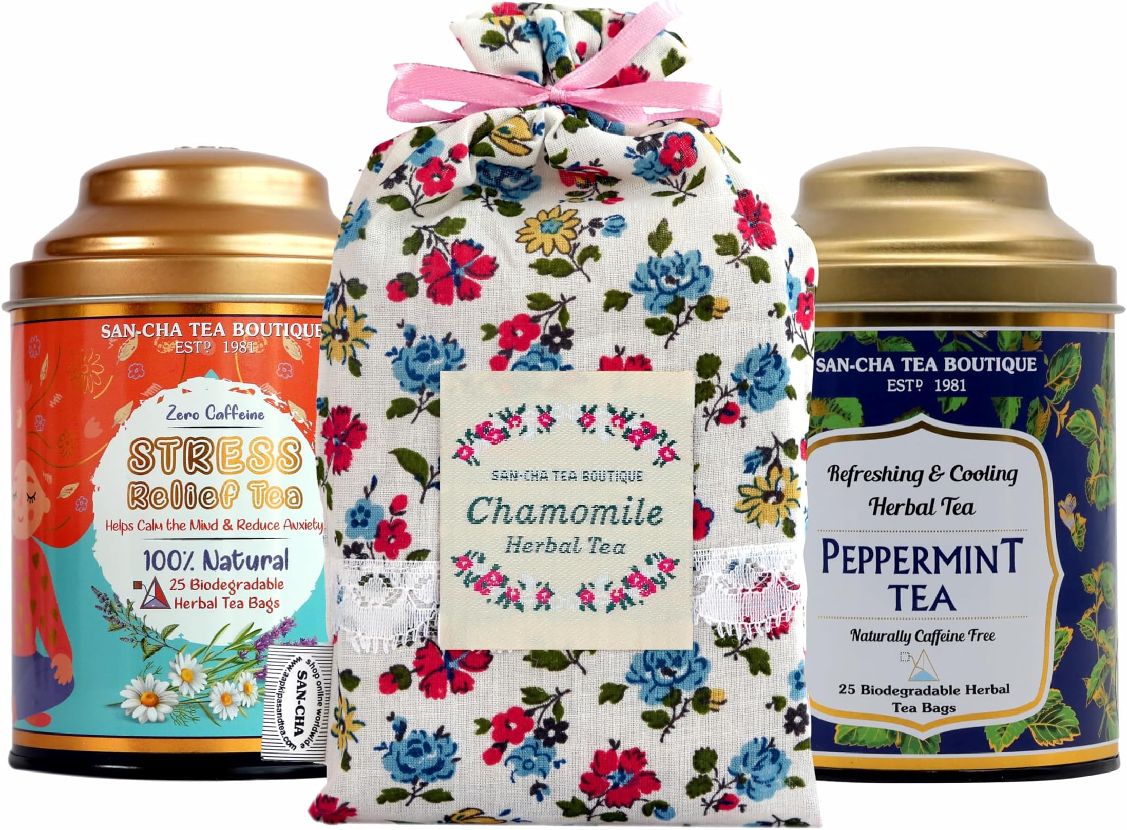 Sancha Tea Boutique,Stress Relief Bundle Caffeine free Herbal Tea, Stress Relief Tea, Chamomile Tea, Peppermint Tea,100% Biodegradable Tea Bags, Tea Assortment, Value Pack
