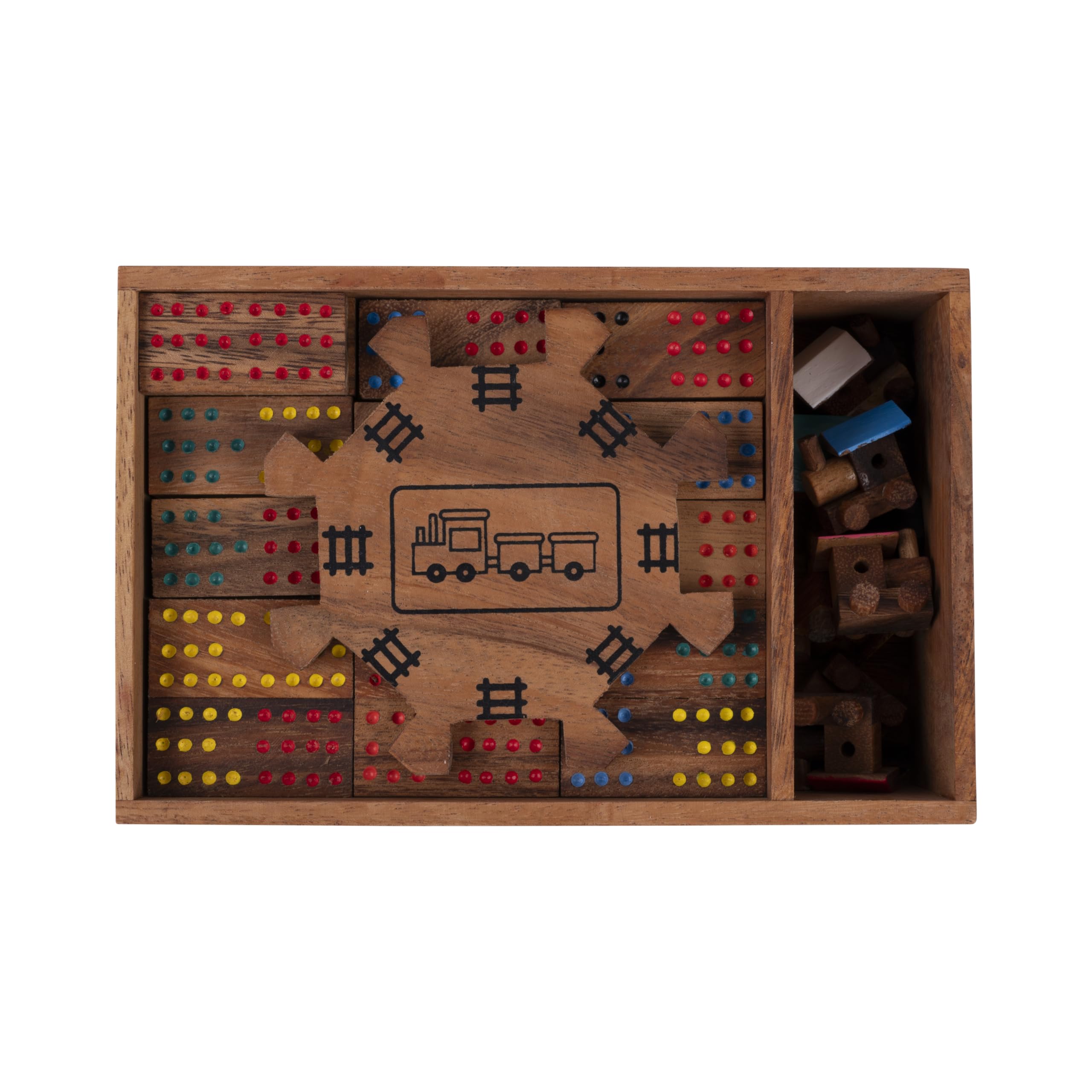 Engelhart Mexican Train Domino Doppel 12 aus Holz – 91 Spielsteine mit 8 Lokomotiven und 1 Bahnhof – Holzbox – Strategisches Familienspiel – Ab 6 Jahren – 22 x 15 x 7 cm – Spielregeln 350373
