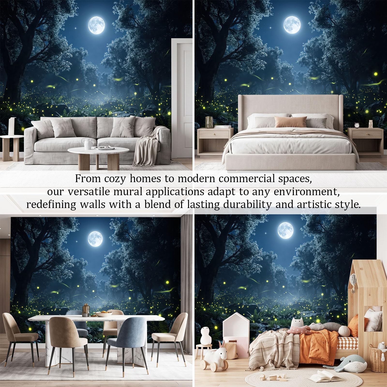 Fantasy bajkowy las mural ścienny 200 x 140 cm, księżyc świetliki pokój dziecięcy plakat mural, HD druk 3D włóknina fototapeta, nowoczesny salon sypialnia tło TV dekoracja ścienna