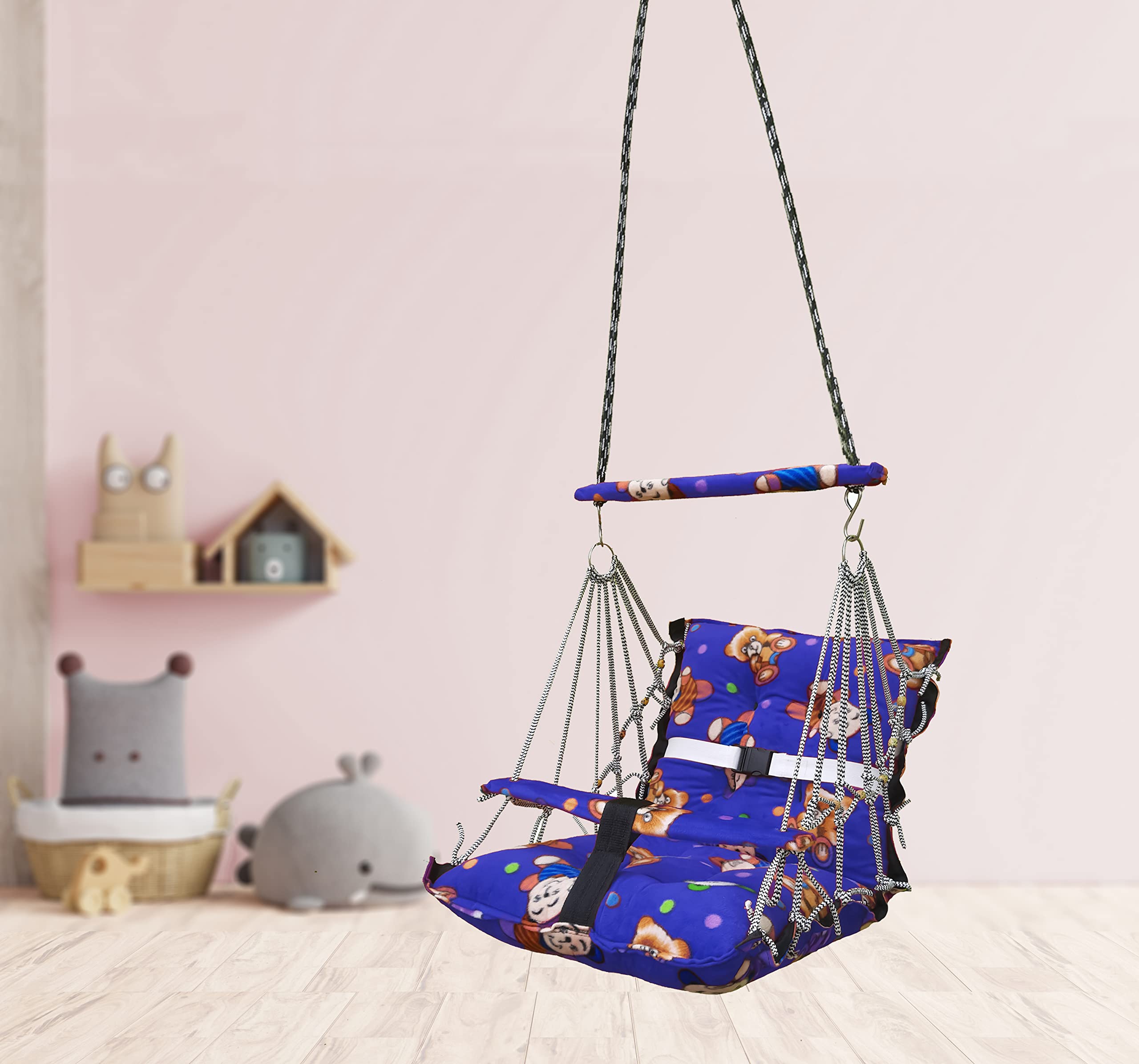 Luxurin Cotton Velvet Baby Swing Foldable jhula Portable jhoola for Kids 0-3 Years Safety Belt Soft Cover (Blue)-picture-10