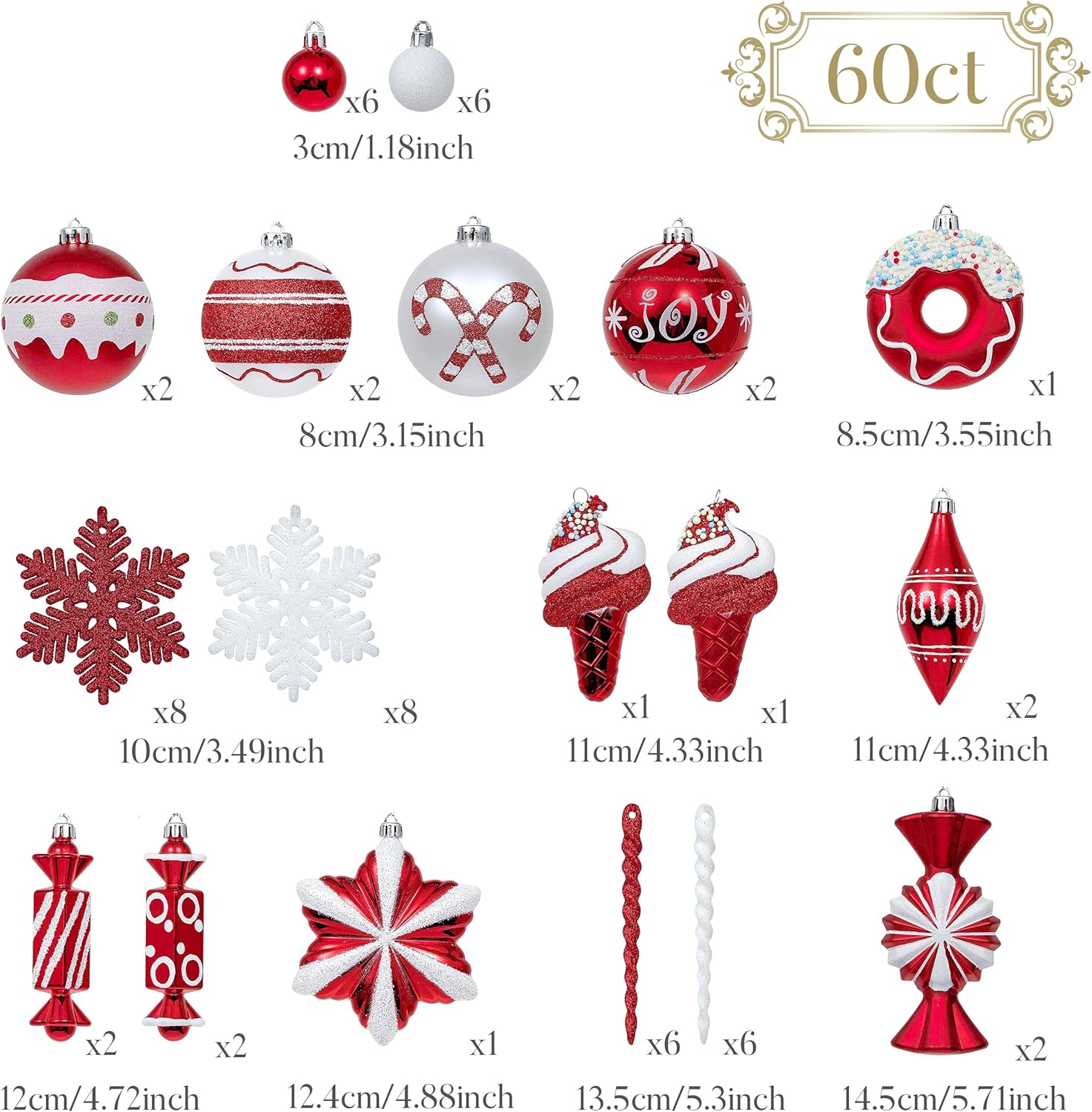 Valery Madelyn Christmas Ball Ornaments, 60ct Candy Cane Red and White Shatterproof Christmas Tree Decorations Set, Variety Decorative Hanging Ornaments for Xmas Trees Bulk Holiday Party Decor