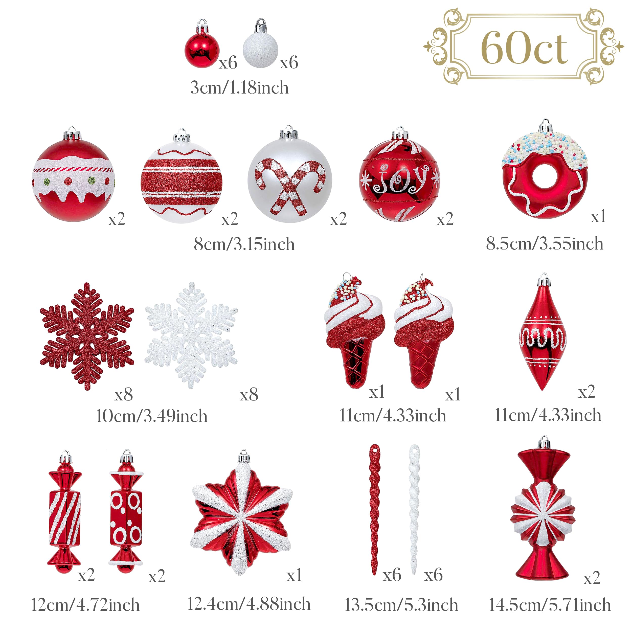 Valery Madelyn Lot de 60 Boules de Noël incassables avec Motif Bonbons Rouges et Blancs 3 à 12 cm Motif Jupe d'arbre (Non Incluse)