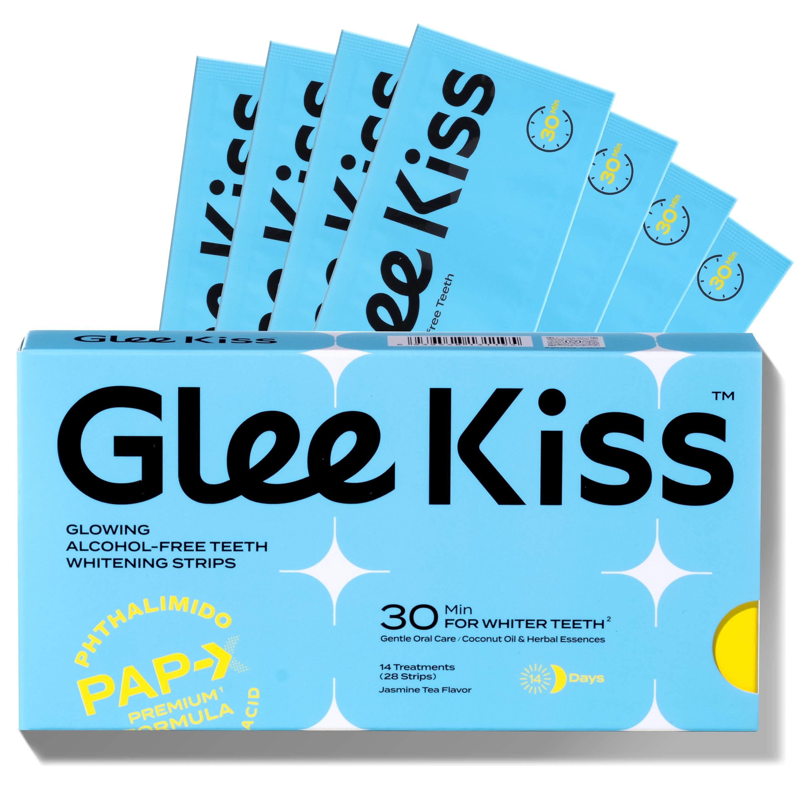 Glee Kiss Teeth Whitening Strips for Sensitive Teeth with Pap & Hydroxyapatite, Non-Alcohol & Peroxide Free, Enamel-Safe, Dry Strip Technology, Vegan, 14 Day Treatments 28 Strips (Jasmine Tea Flavor)