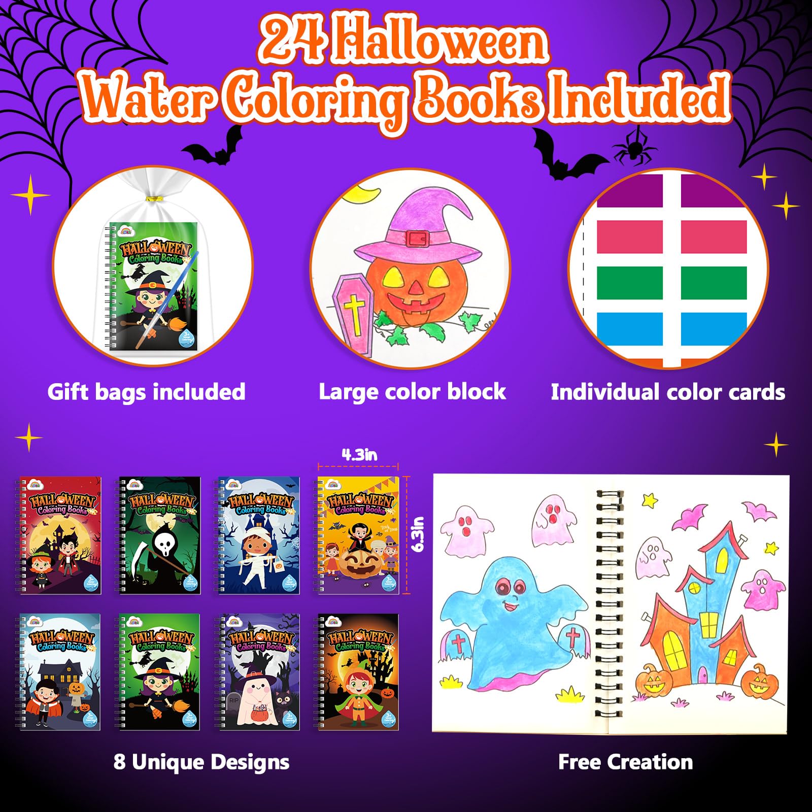 Pack De 24 Libros Para Colorear Con Agua De Halloween – 64 Patrones Y 8 Temas, Regalo De Manualidades Para Niños De 3 A 9 Años