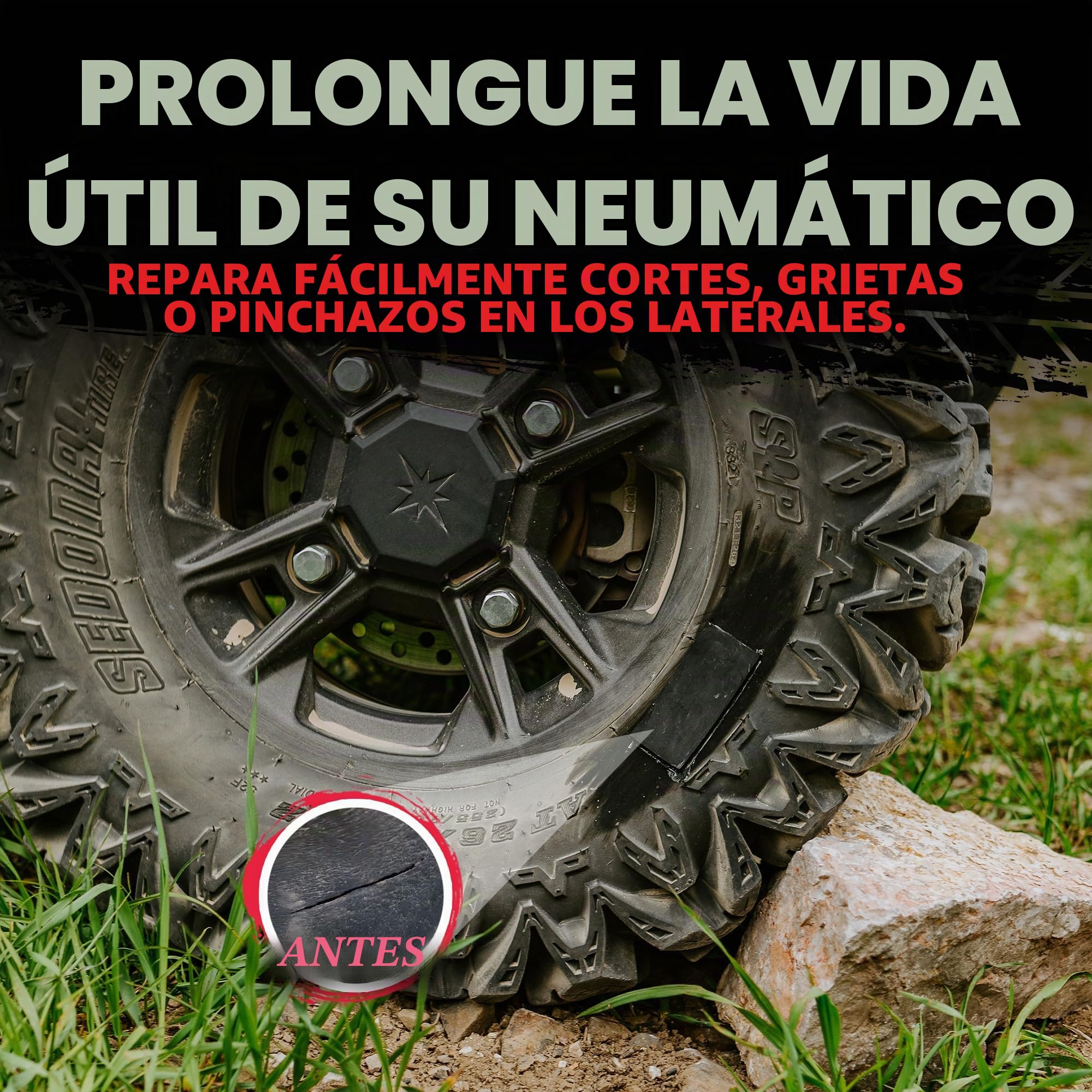 GlueTread - Kit de conexión externa para neumáticos sin cámara, sin necesidad de quitar el neumático, el kit incluye suficiente material para reparar 4 neumáticos, kit de reparación de pared lateral
