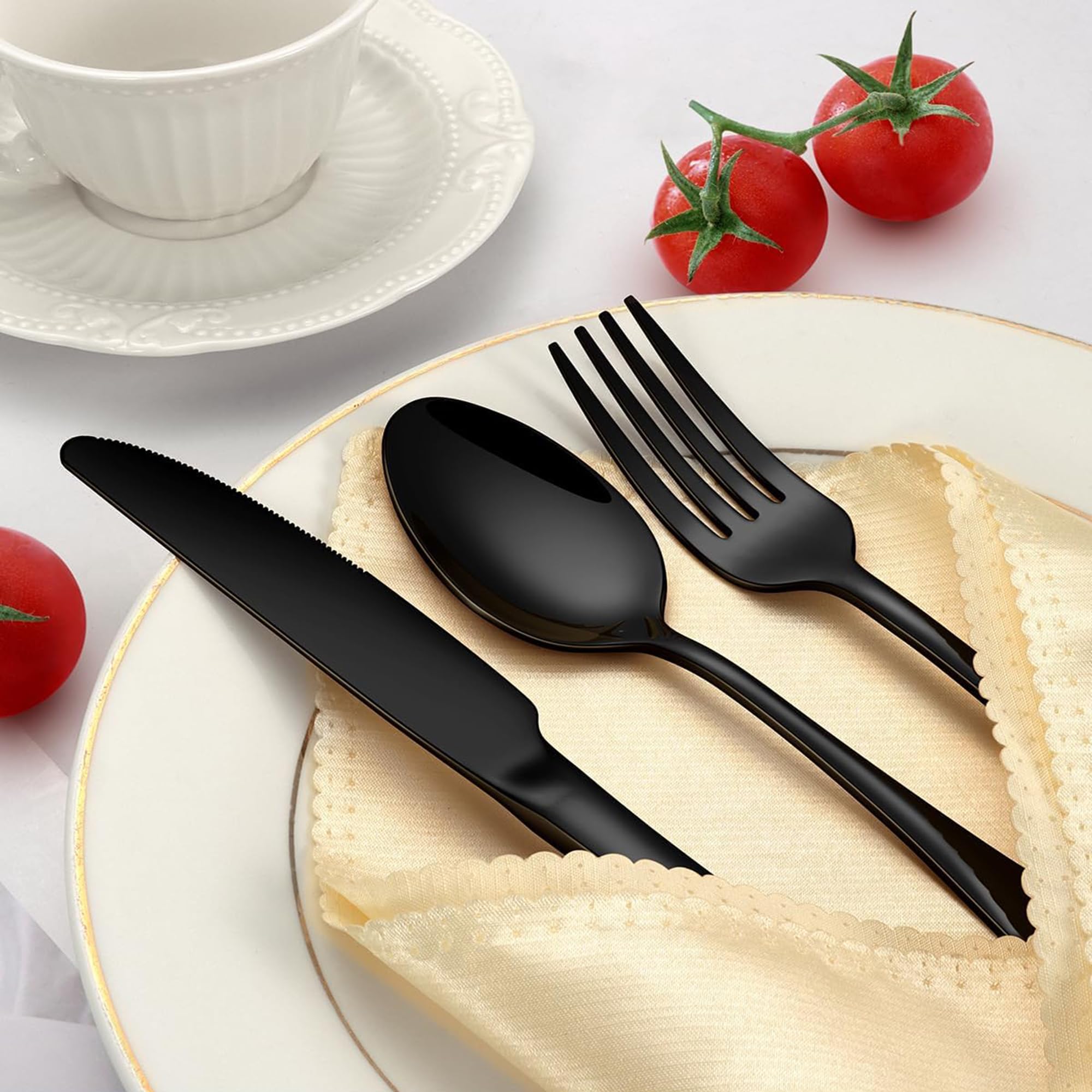 Juego de cubiertos negros, 24 piezas de acero inoxidable pulido espejo, juego de utensilios de cocina para 6 personas, vajilla para el hogar y el restaurante con caja de regalo