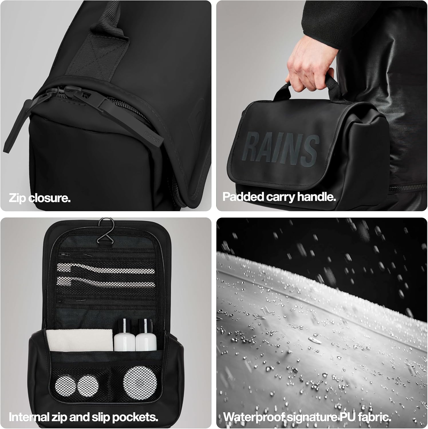 RAINS Texel Wash Bag – Black Waterproof Toiletry Travel Organizer for Men and Women - Wash Bag with Zip Closure and Multiple Compartments – 2 Year Warranty - Image 3