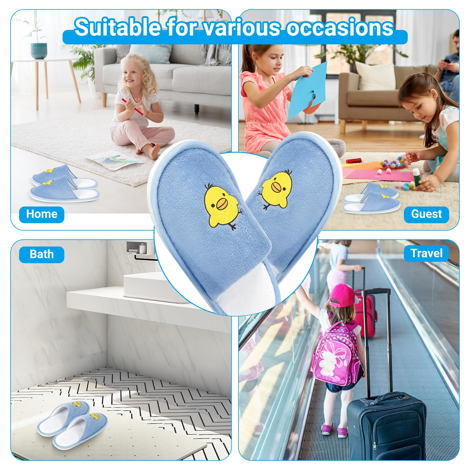 NUHUi 6 works Kids Disposable Spa Slippers Age 4-8 Indoor House Hotel Kids Guest Spa Smiling Yellow Chicken Face Blue 4.5-5 Years Big Kid - Image 2