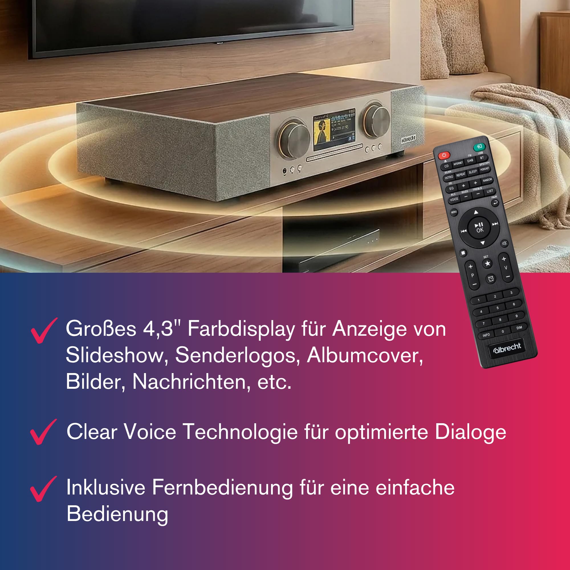 Albrecht DR 1000 All-In-One Soundsystem, Soundbar 2.1 mit 30 Watt Subwoofer, Clear-Voice, Internet-Radio, DAB+, CD-Player, Musik-Streaming, HDMI, braun/grau