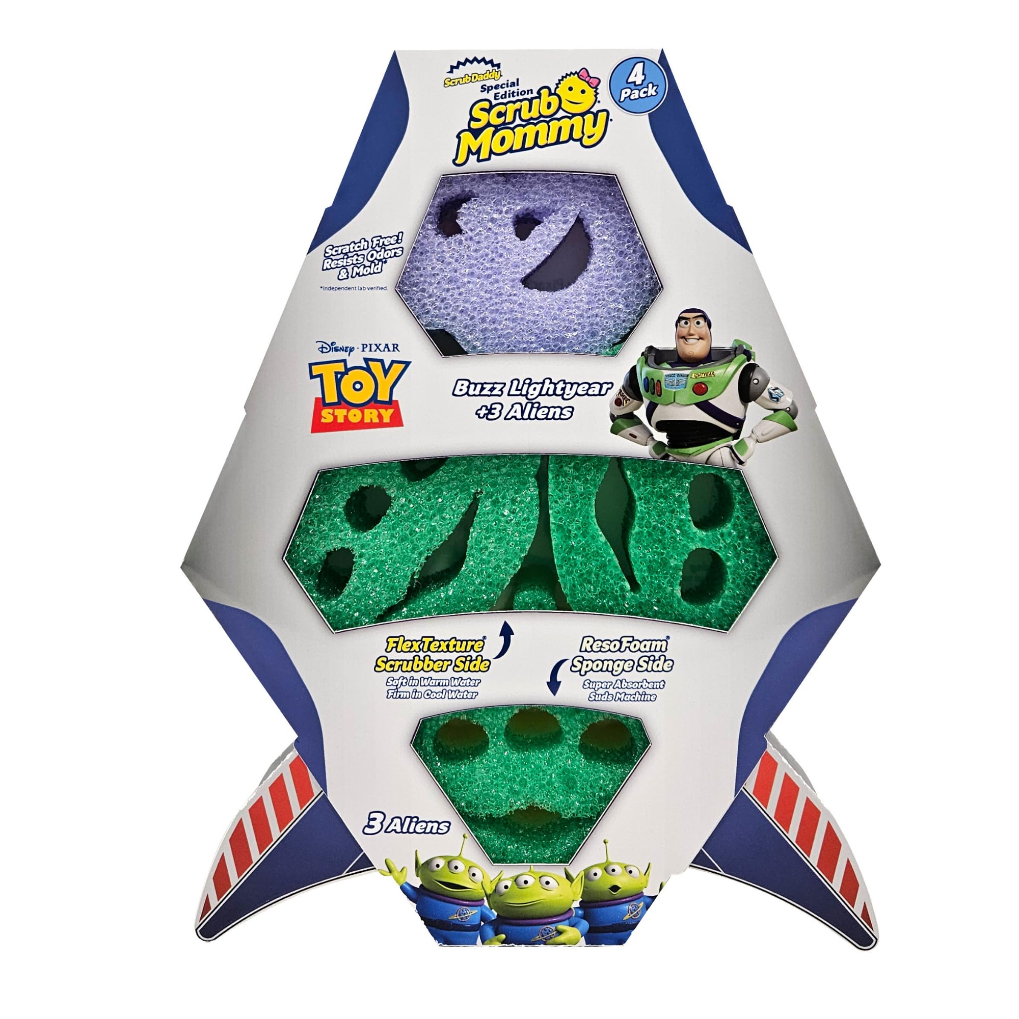 Scrub Daddy Scrub Mommy Toy Story Rocket Ship FlexTexture + ResoFoam Cleaning Sponges - Non-Scratch Sponges for Everyday Cleaning - Kitchen, Bathroom & Outdoor - Kitchen Sponges for Dishes (4 Count)