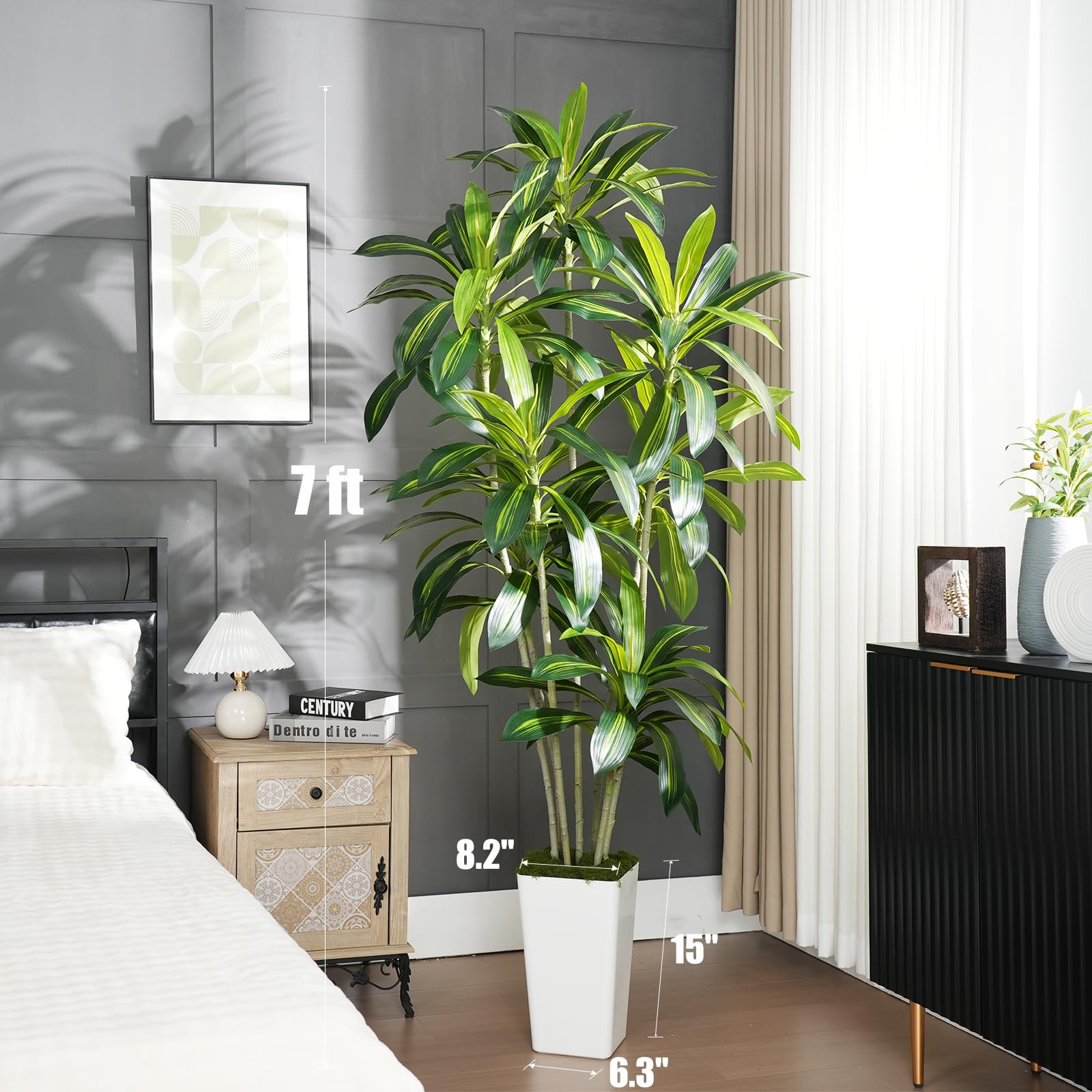 Plante Artificielle Dracaena 210cm Fausse Plante Interieur avec Grand Planteur Blanc pour Plantes Artificielles Interieur Exterieur Plante Artificiel pour Decoration Maison Bureau Jardin Deco