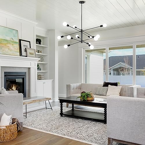 Miniatura 9 de Candelabros Sputnik negros modernos, lámpara de mediados de siglo de 12 luces, lámpara colgante de longitud ajustable para comedor, dormitorio, sala