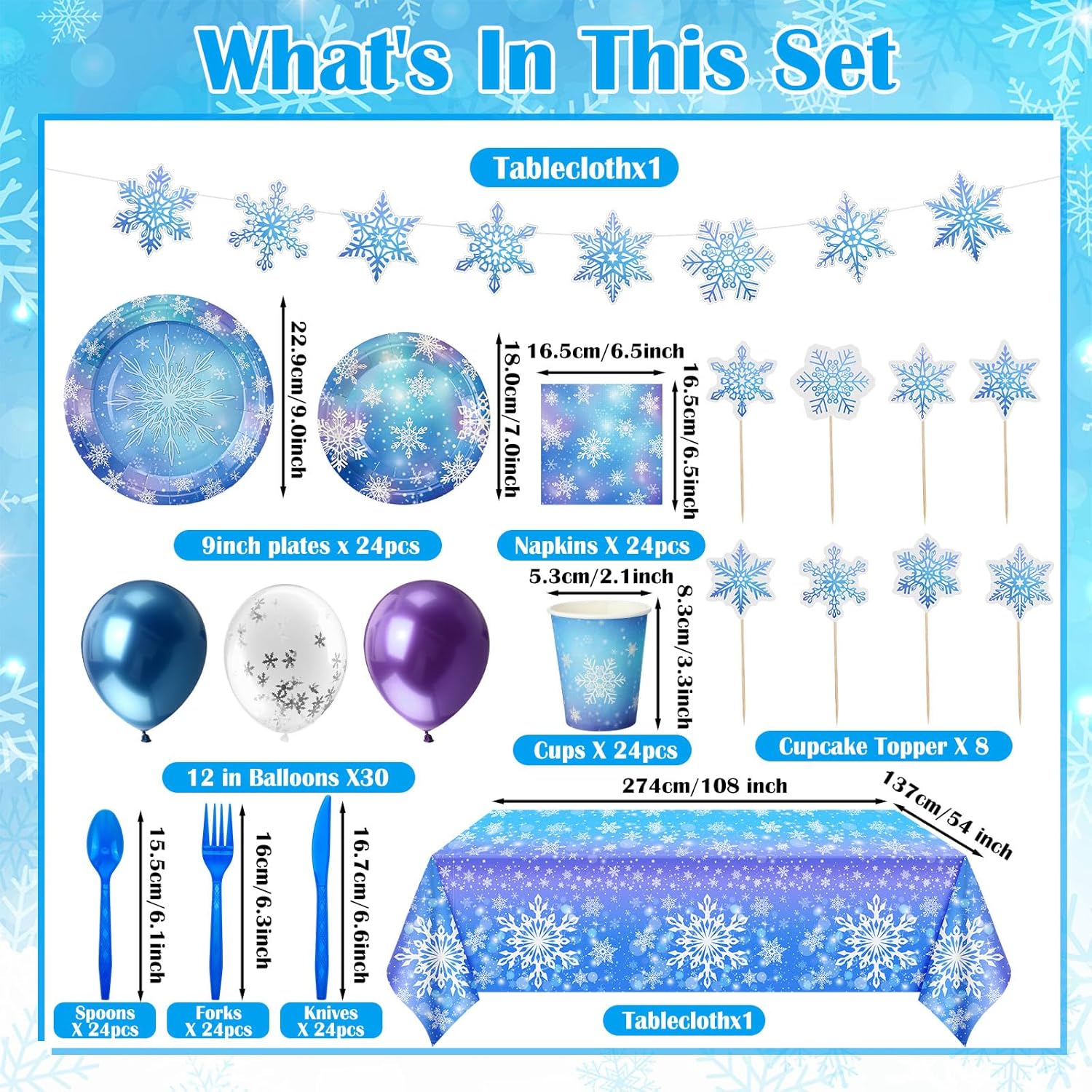 Yungyan 208 Pieces Winter Snowflake Party Supplies Blue Purple Wonderland Disposable Tableware Christmas Snowflake Set Plates Napkins Cups Cutlery Tablecloth Balloons Banner & Cake Toppers, 24 Guests - Image 2