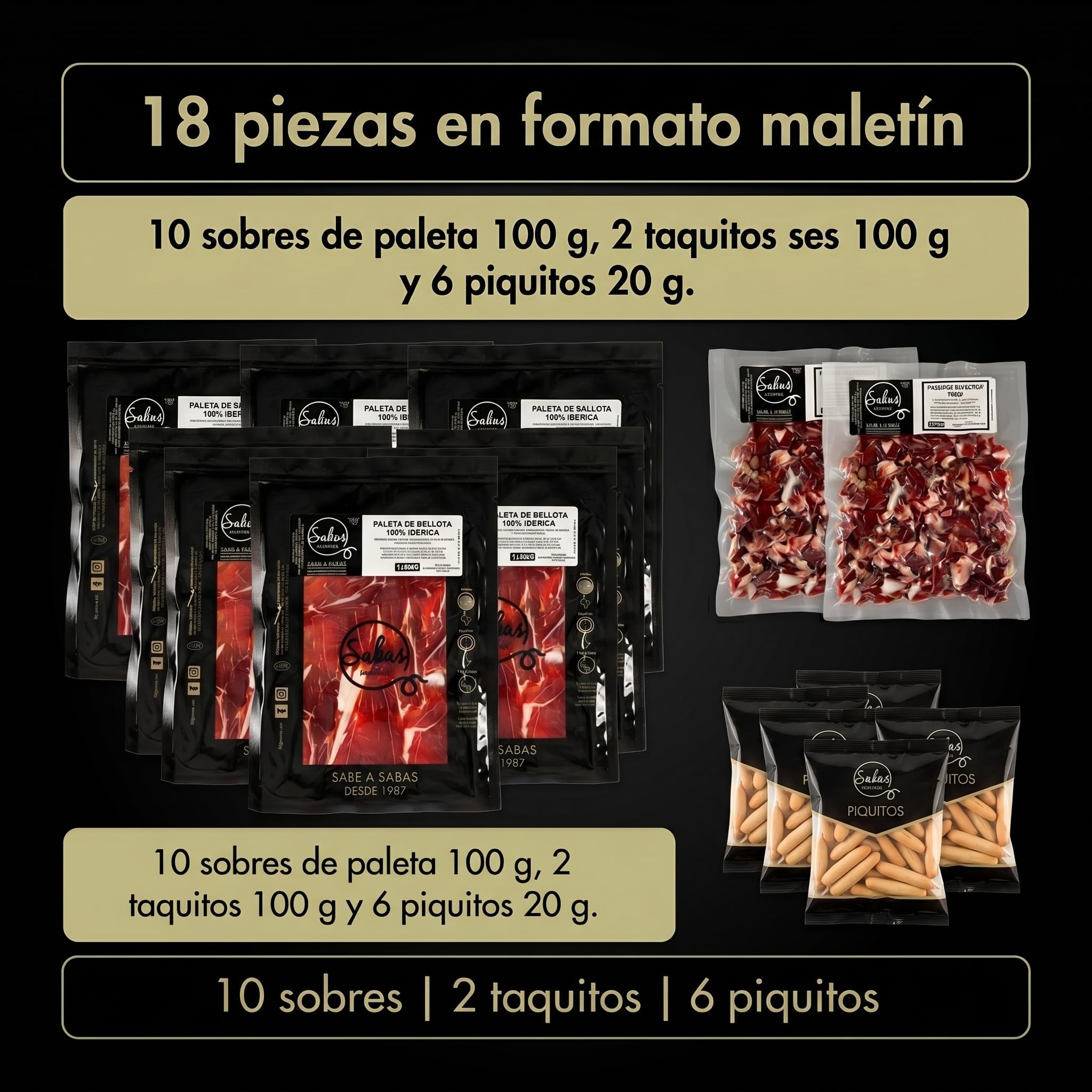 Paleta de Bellota 100% Iberica Cortada a Cuchillo Estuche 10 Sobres 100 g | 2 Taquitos 2 Piquitos de Pan Premium Producto Español Dehesa Aperitivo Cena Navidad Lote de regalo