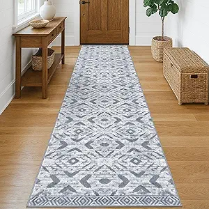 KILOCOCO Hallway Runner Rug 2.6'x10' Washable Printed Moroccan Runner Rugs Non Slip Entryway Rugs Soft Indoor Long Floor Rug for Bedroom Kitchen Living Room Geometric Boho Carpet Runners, Grey White