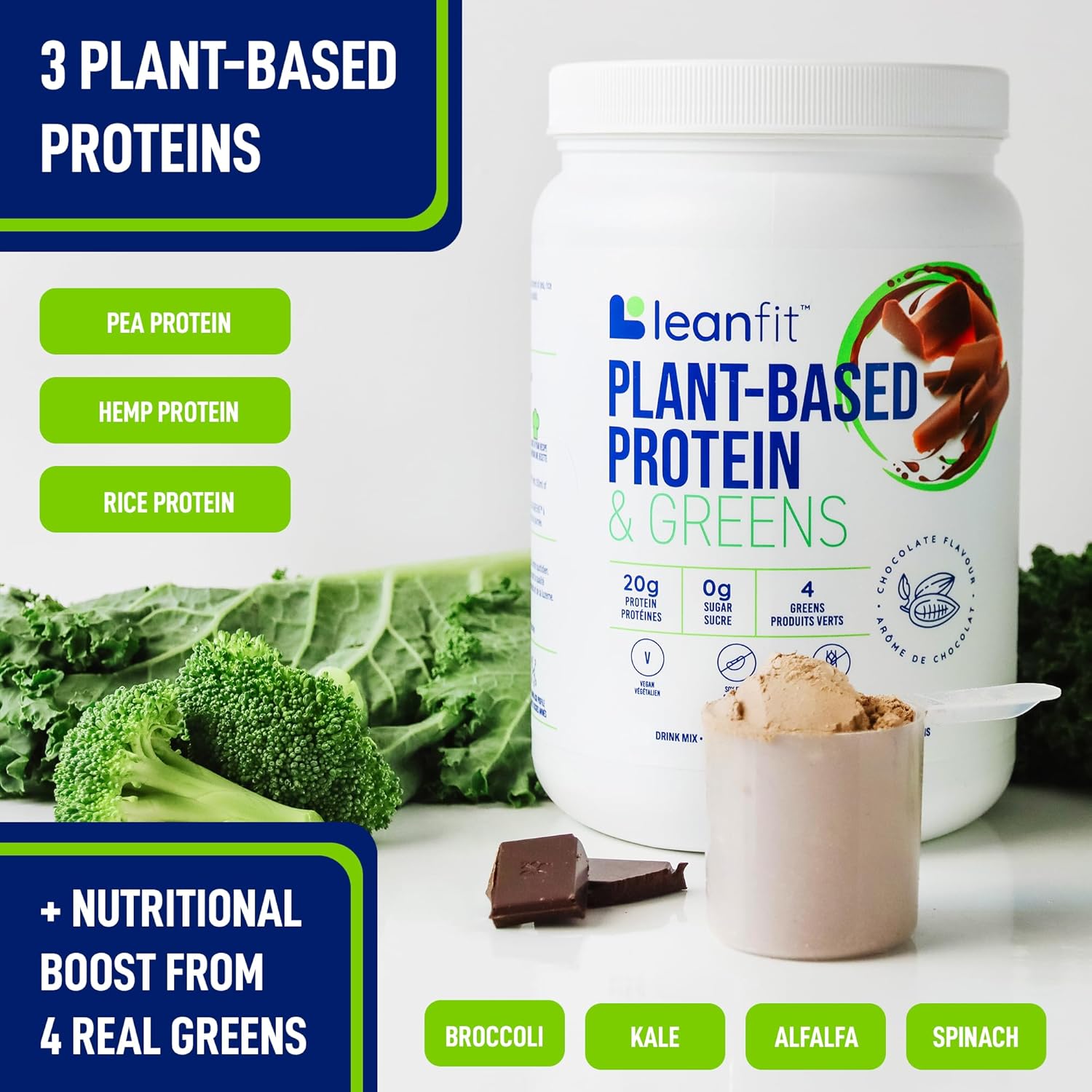 LeanFit Plant-Based Protein & Greens, Natural Chocolate, 20g Protein, 20 Servings, 1.35 Pound Tub