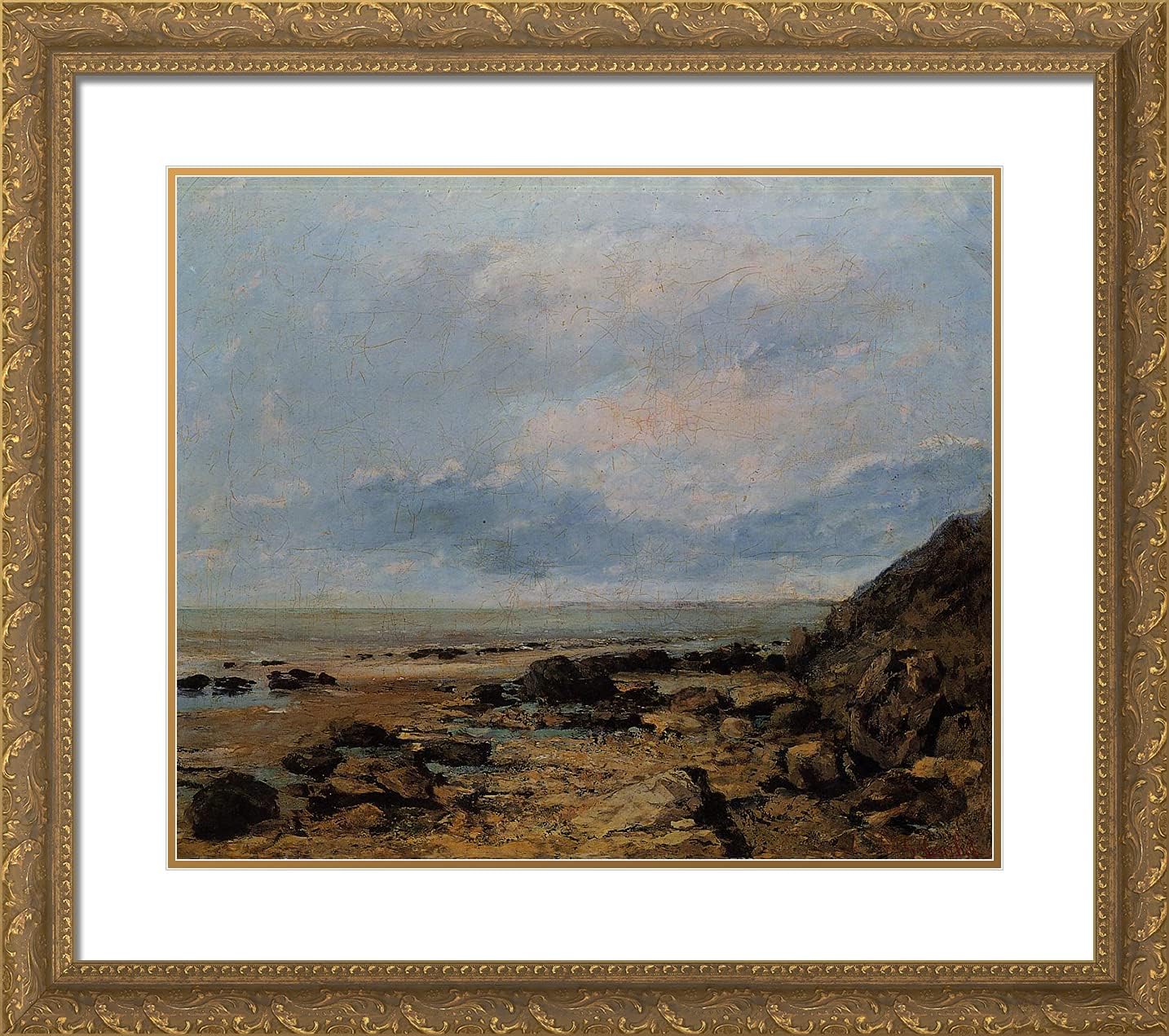 ArtDirect Courbet, Gustave 22x20 Gold Ornate Framed Art Print with Double Matting Titled: Rocky Seashore
