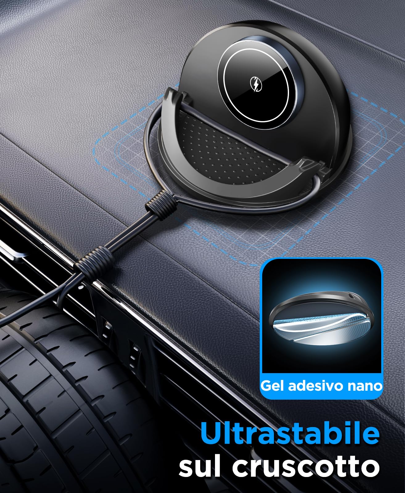 Beeasy Caricatore Wireless Auto, 15W Qi Caricabatterie Ricarica Rapida Supporto, [Ventola Integrata 2025], Antiscivolo Caricatore Auto Cruscotto per iPhone e Samsung
