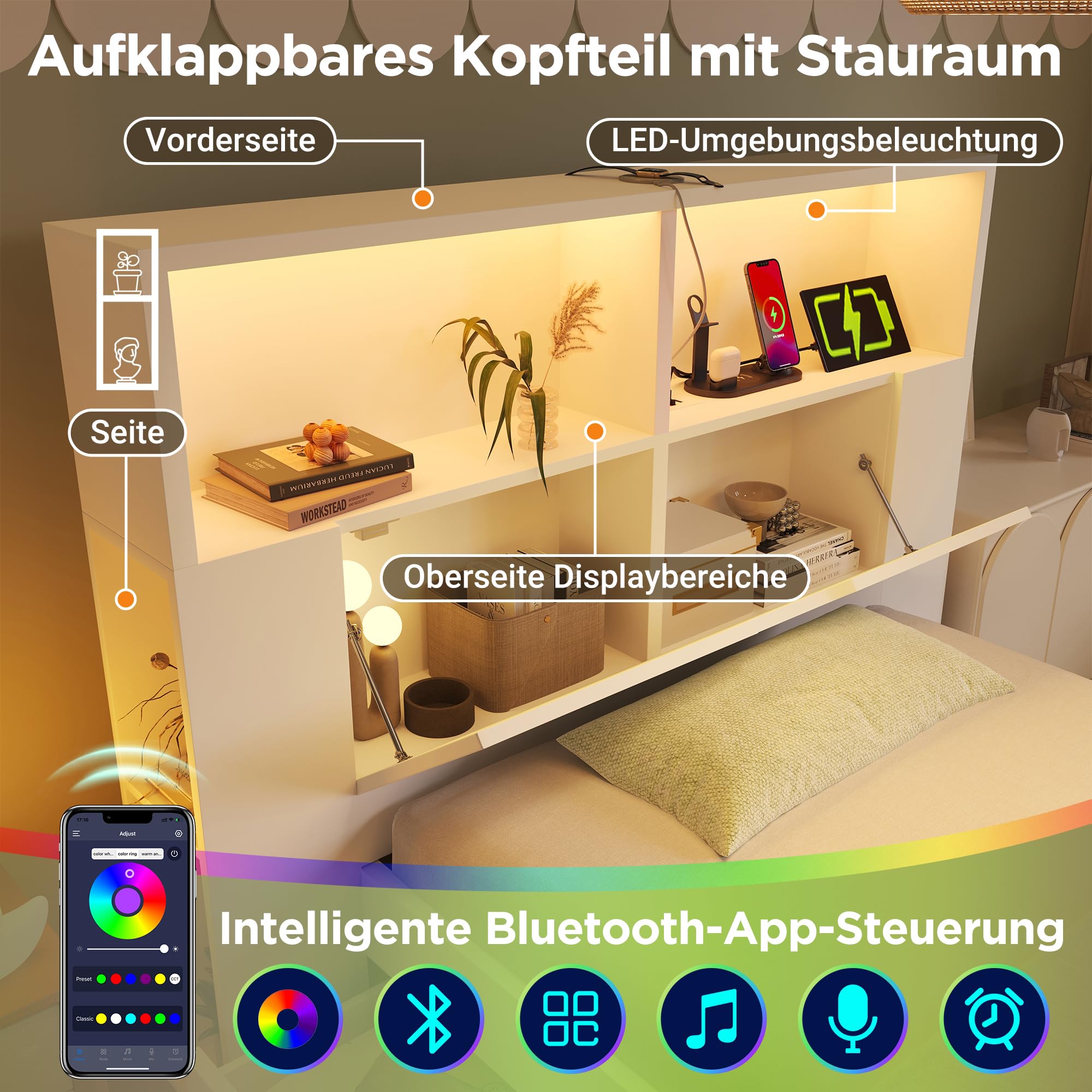 Gecheer Letto Singolo con Contenitore, Struttura in Legno con Luci LED, Porte USB, Cassetti, Panca, Ripiani, Rete a Doghe, 90x200 cm, Bianco, per Cameretta Bambini e Ragazzi