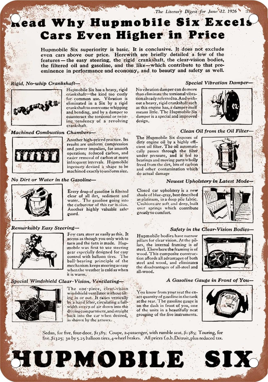 Miaomansenstore Metal Sign - 1926 Hupmobile Vintage Ad 03 - Old Retro Rusty Look Home Decor