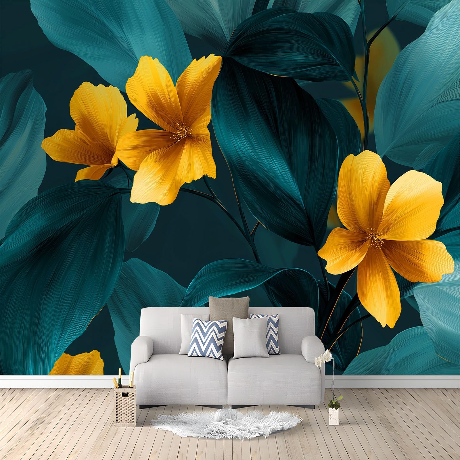 Panoramiczna tapeta 3D 350 x 256 cm elegancja rośliny kwiaty liście tapeta z włókniny, duży plakat ścienny do salonu, dekoracji pokoju dziecięcego, łatwy montaż, ciemnoniebiesko-ciemnozielony