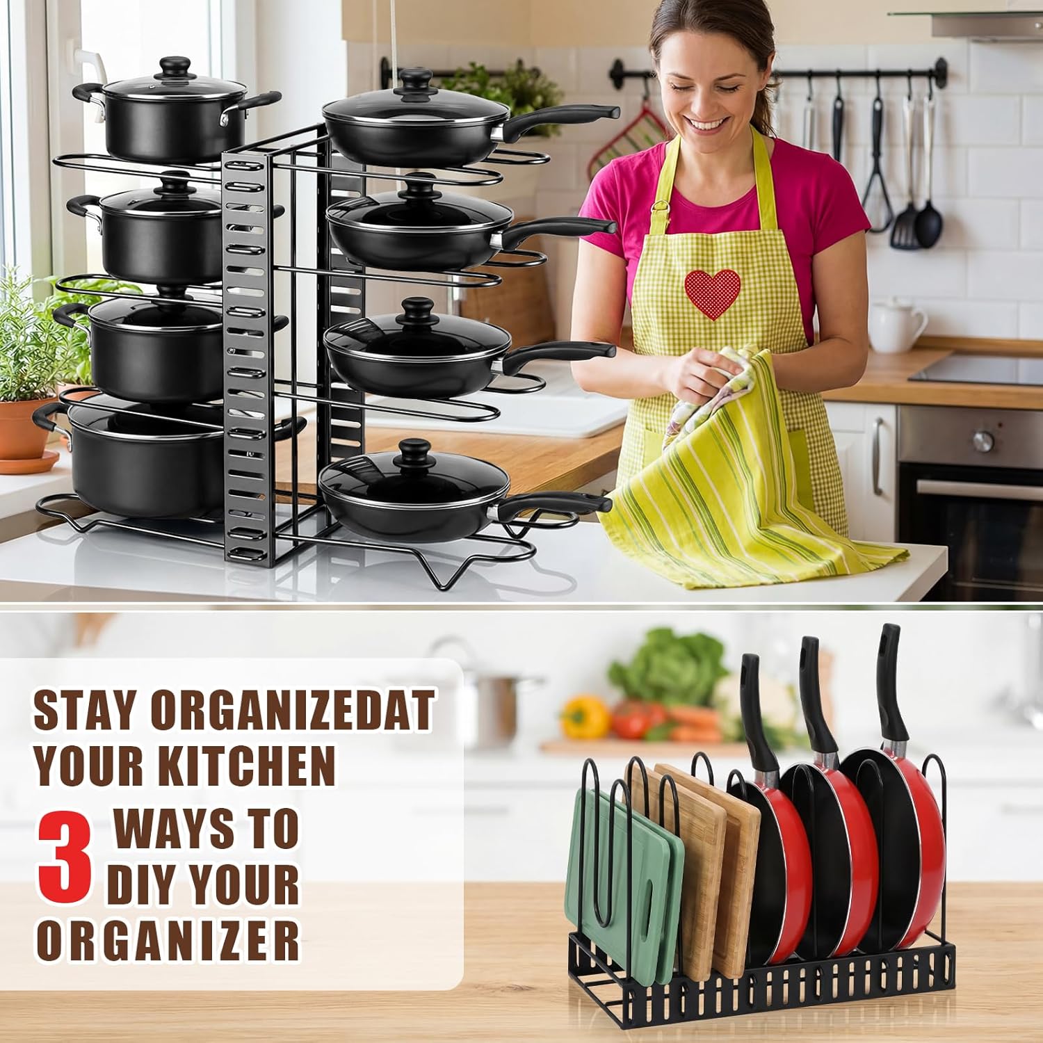 2 Pack Pot & Pans Organizer Kit for Cabinet, 8 Tier Adjustable Pot & Pans Organizer Rack, Expandable Cutting Board Storage Rack Baking Tray Cookie Sheet Holder with 14 Adjustable Divider Kitchen
