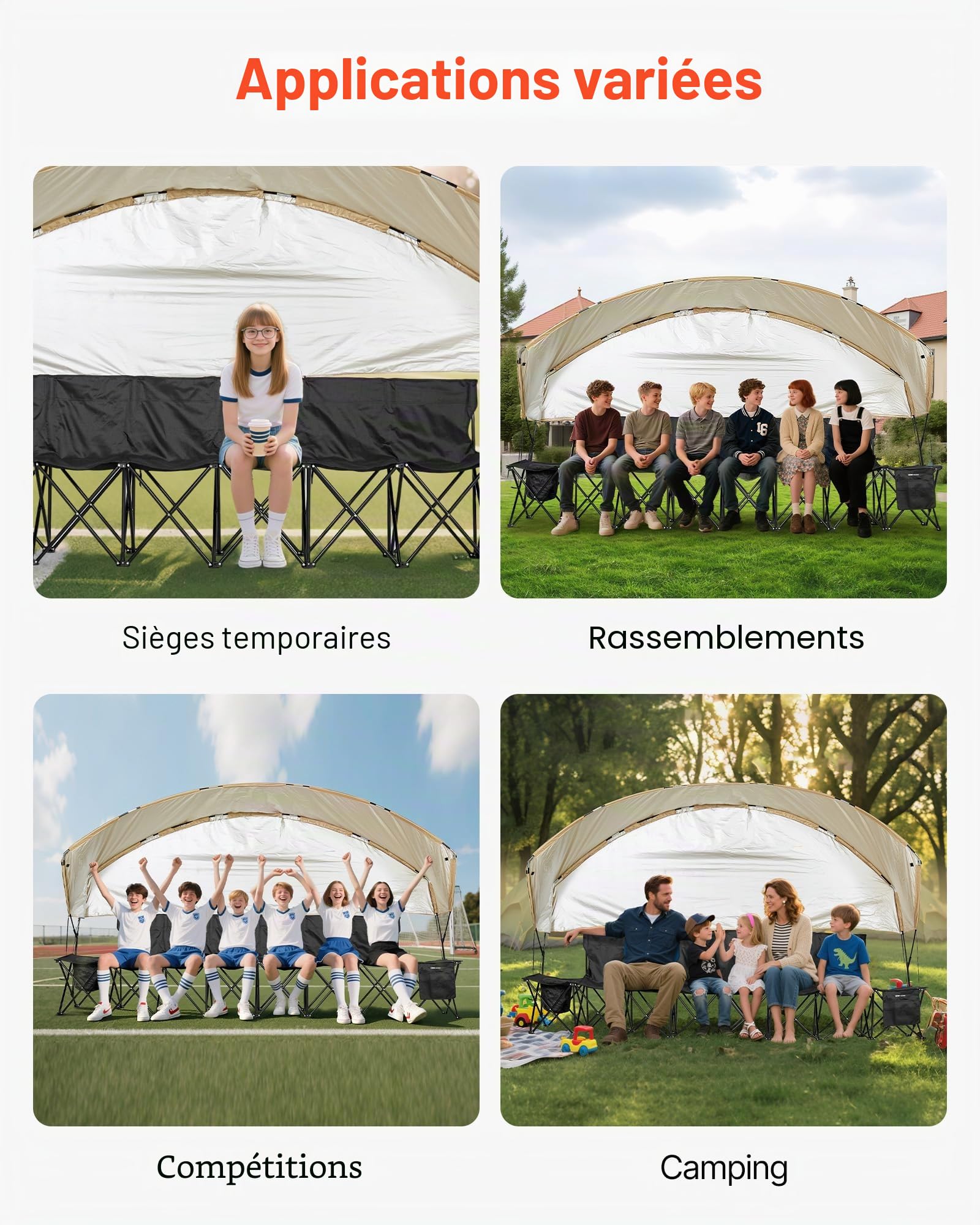 VEVOR Banc Pliant Portable à 6 Places, Banc de Camping Pliable avec Poches de Rangement, Porte-gobelets et Sac de Transport, siège latéral léger avec Pare-Soleil pour Football et Baseball, Noir