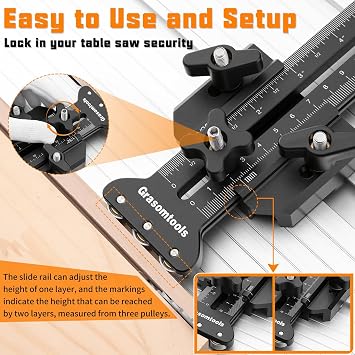 Thin Rip Table Saw Jig - 3-Pulley Design for Repetitive Narrow Strip Cuts, Fits 3/8x3/4 U/T Slot & 1/4x3/8 T Slot, Compatible with Table Saw/Band Saw/Router Table