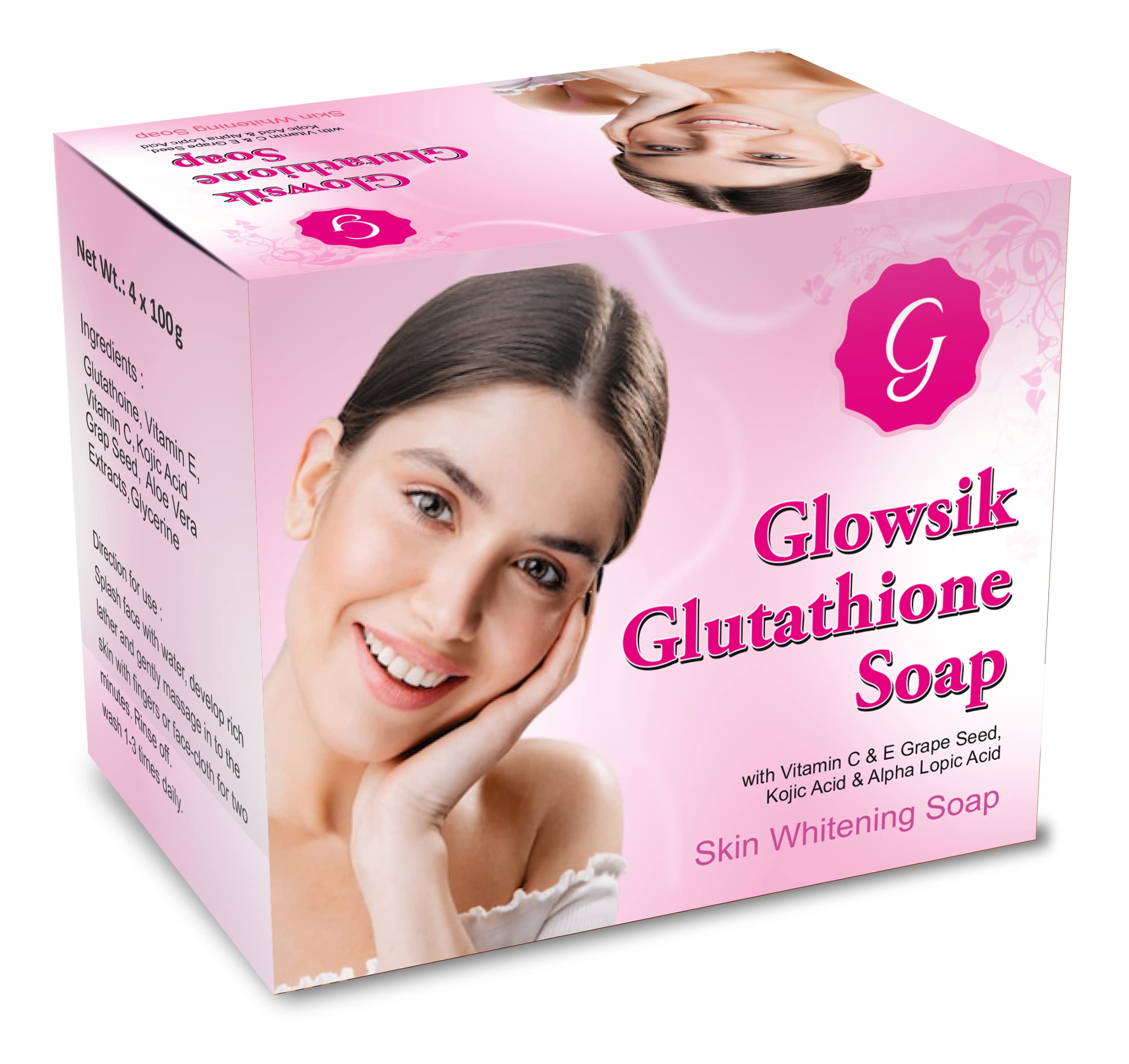 Glowsik Glutathione Skin Whitening & Glowsik Soap With Grape seed, Vitamin c 100 Gm each - Pack Of 4