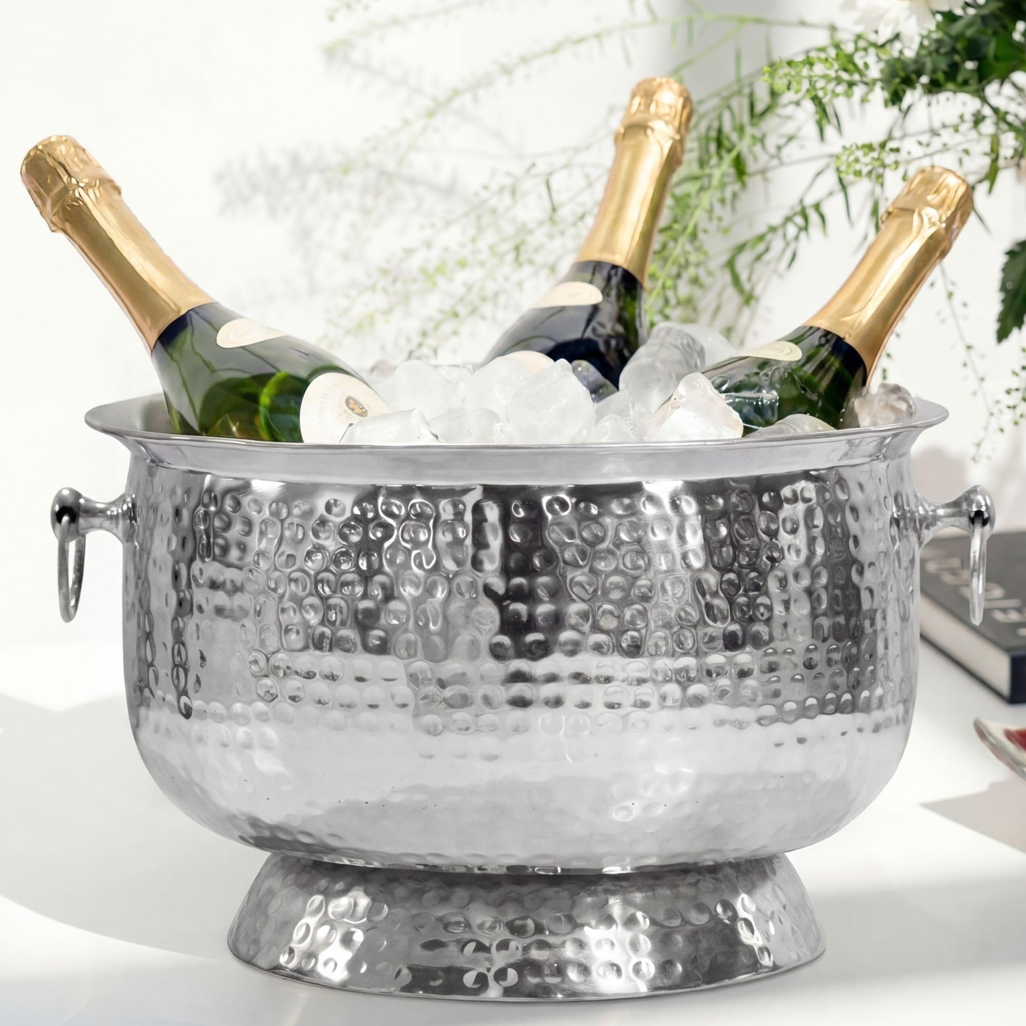 FineBuy Sektkühler 37 x 37 x 24,5 cm Aluminium Silber Handmade | großer Champagnerkühler, runder Weinkühler, stabiler Flaschenkühler, seitliche Tragegriffe, edle Hammerschlag-Struktur