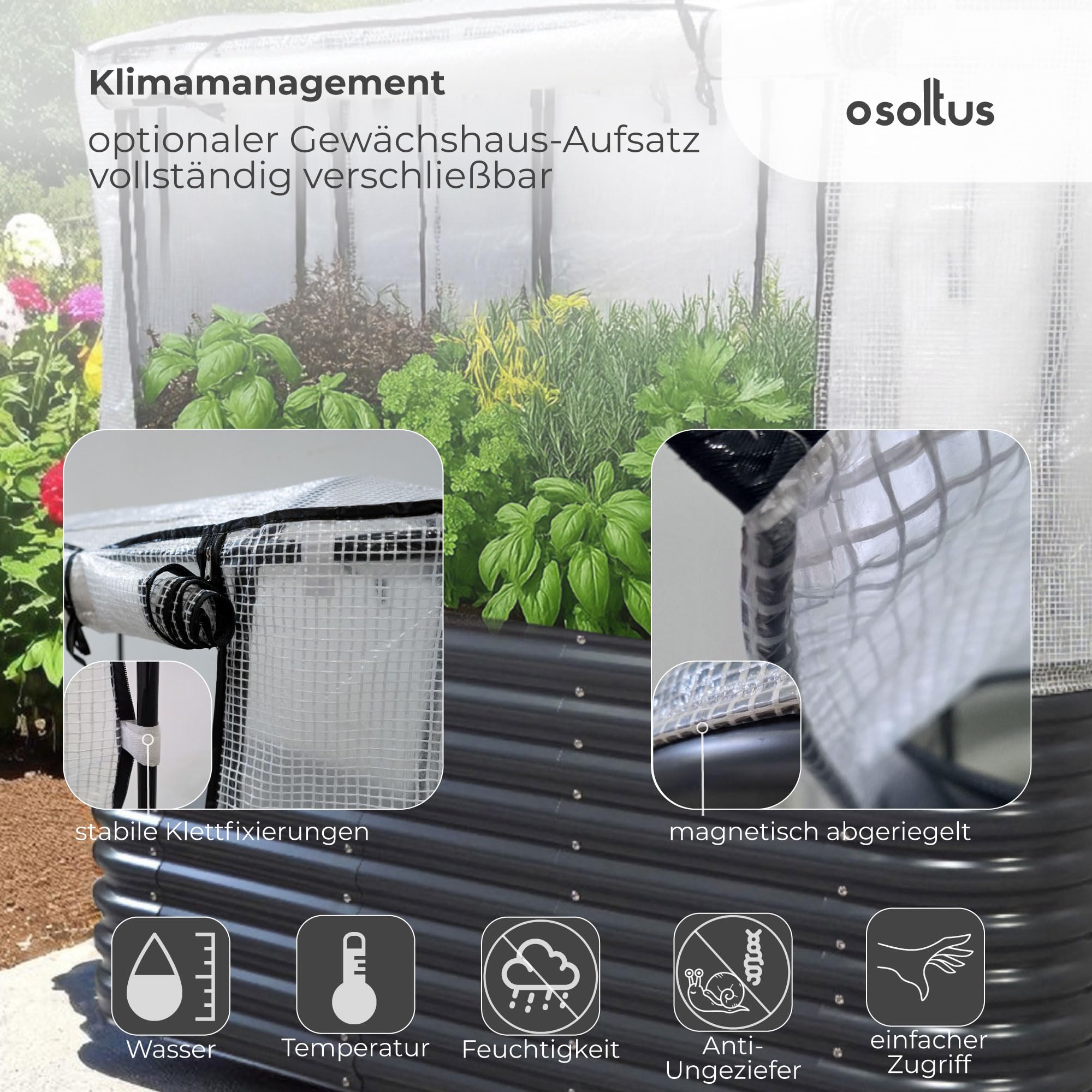 Hochbeet Garten Balkon optionaler Gewächshausaufsatz | stahlverzinktes & pulverbeschichtetes 0,6mm Metall anthrazit - Edelstahlschrauben (800L Hochbeet)