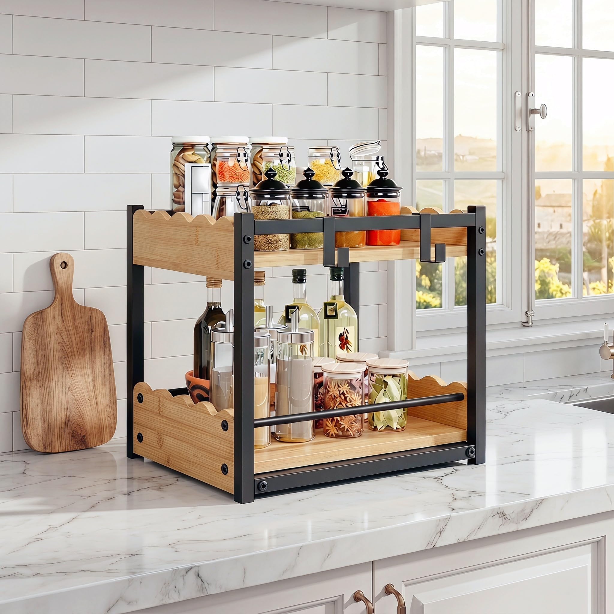 Organizzatore da banco a 2 ripiani in bambù naturale, moderno portaspezie industriale con ripiano estraibile e ganci, elegante contenitore per cucina e casa