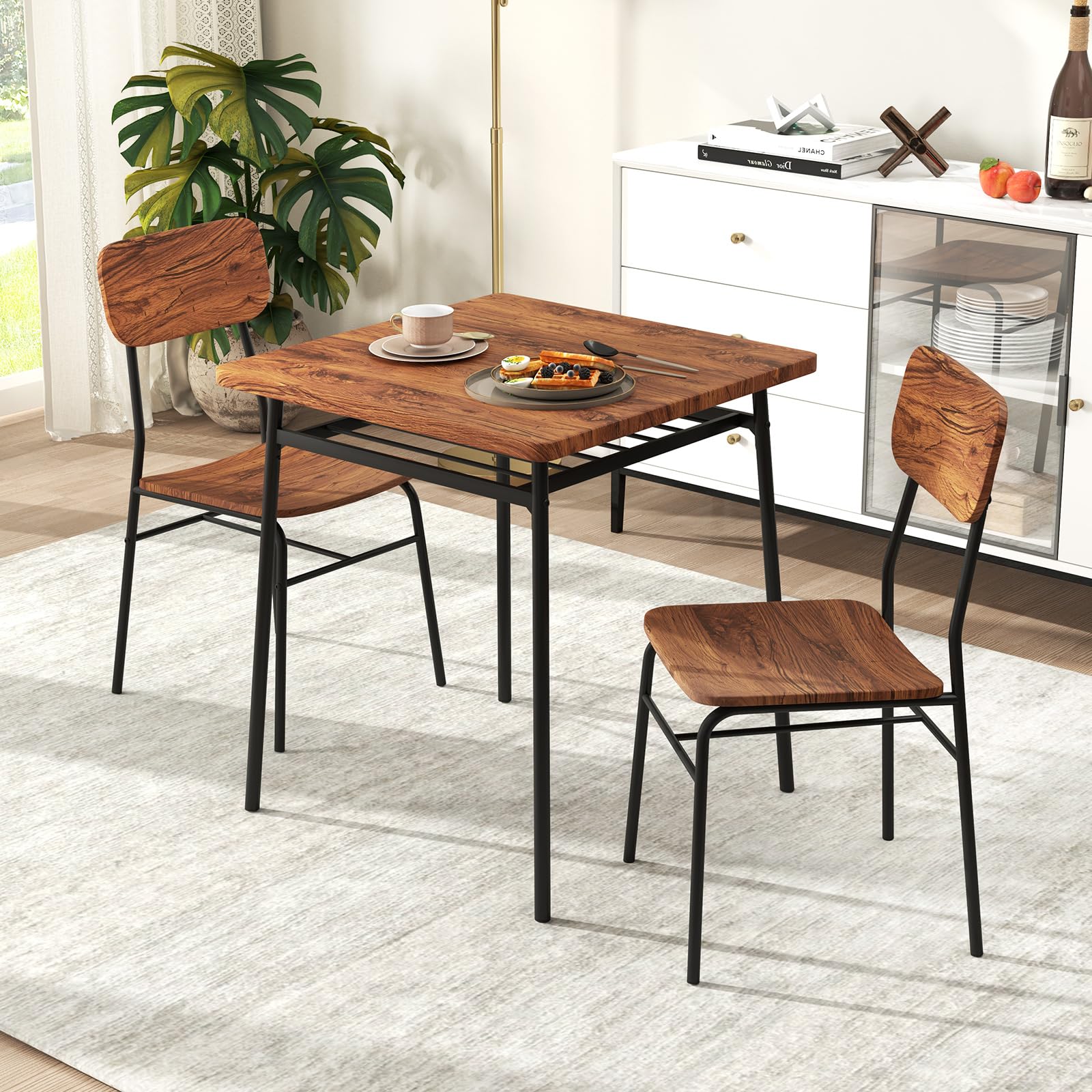 RELAX4LIFE Set Tavolo e Sedie da Pranzo in Stile Industriale, Tavolo Quadrato con Ripiano a Griglia e Sedia con Schienale e Seduta Curvi, Set di Mobili con Struttura in Metallo per la Casa