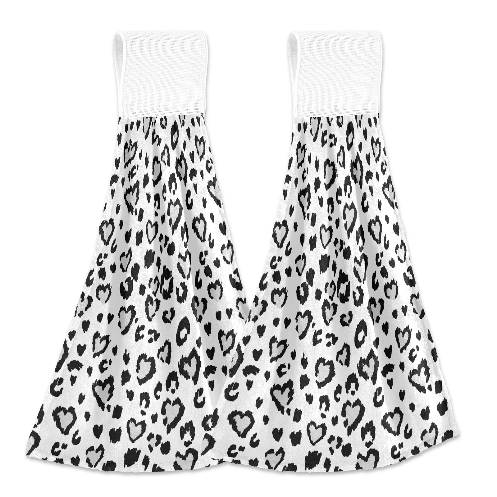 Poeticcity Grey Leopard Jaguar Skin With Hearts Black Spots Animal Print 2 Pcs Hanging Kitchen Hand Towel, Dish Dishcloth Towels With Hanging Loop, Absorbent Tea Bar Bath Tie Towel For Tabletop Kitchen
