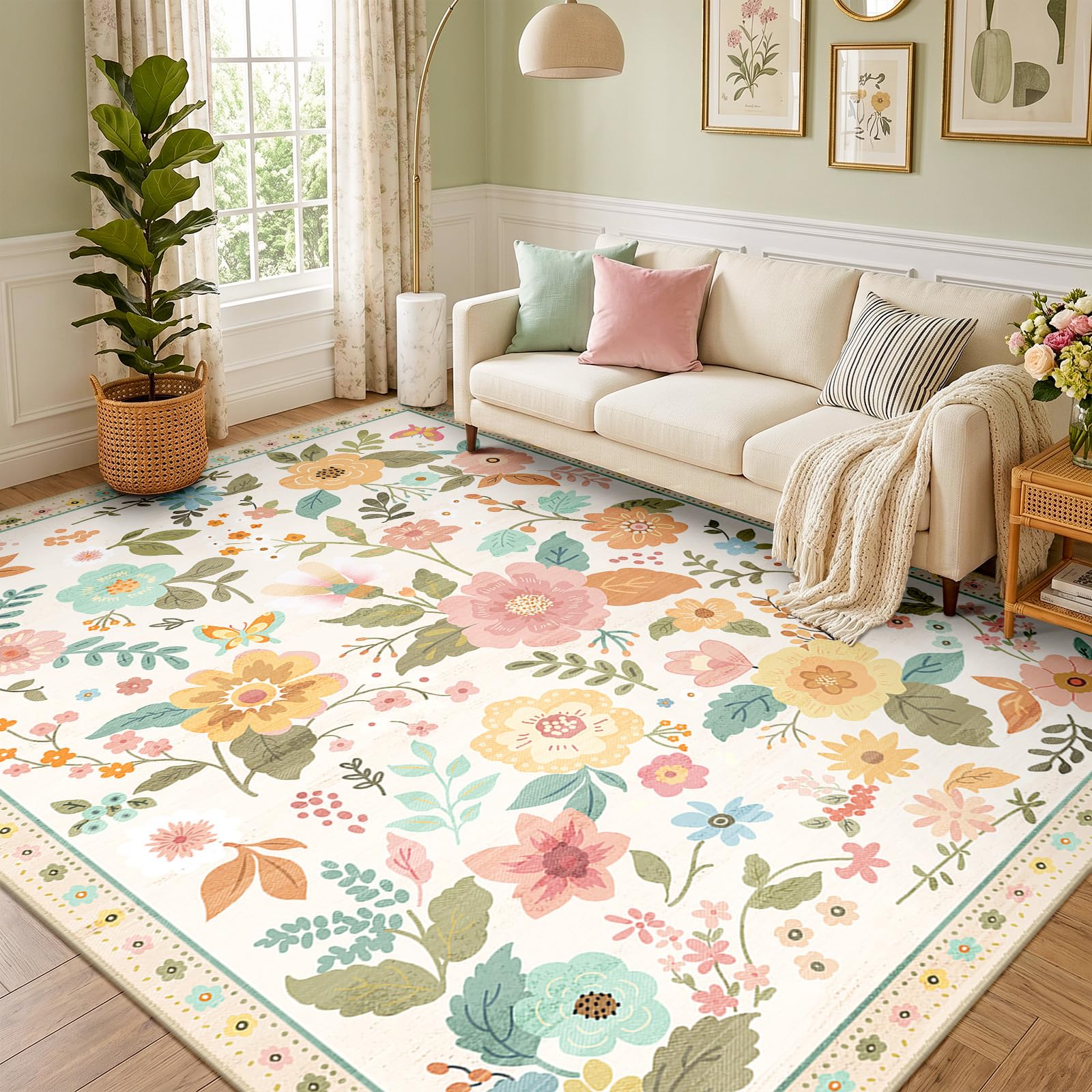 DEFYNEE Machine Washable Rugs Living Room, 240×300cm Floral Rug, Non-Slip Low Pile Boho Vintage Floral Carpet with Printed Design for Kids Room, Bedroom, Kitchen, Entryway, Lounge, Beige/White/Orange