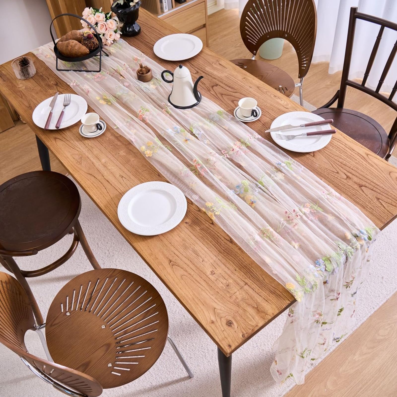 Tischläufer Polyester Modern, Tischläufer Landhausstil 150x220 cm, Spitze mit Floraler Stickerei