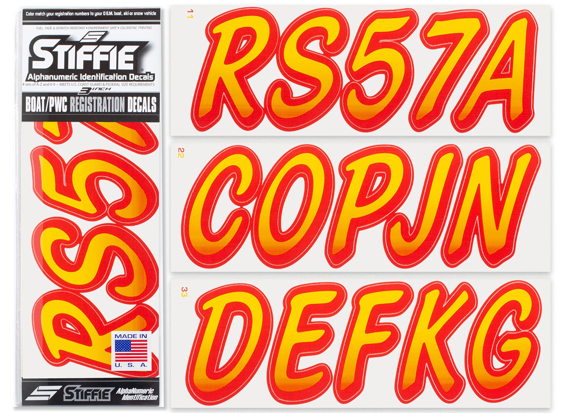 STIFFIE Whipline Yellow/Red 3" Boat &amp; PWC Registration Decals • Numbers Letters Stickers