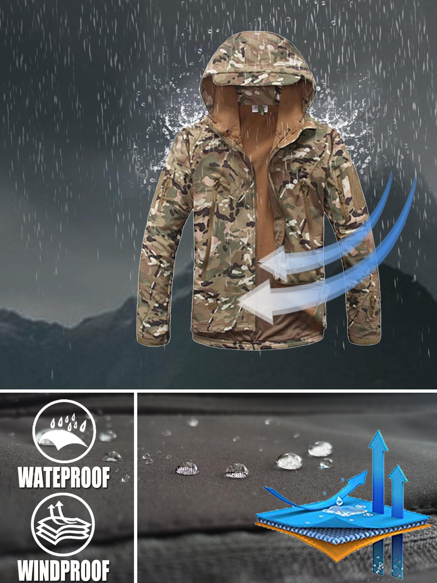 Kelmon Uomo Tattico Softshell Giacca Multifunzionale Outdoor Camouflage Militare Pile Fodera Impermeabile Antivento Calda Cappuccio Cappotto