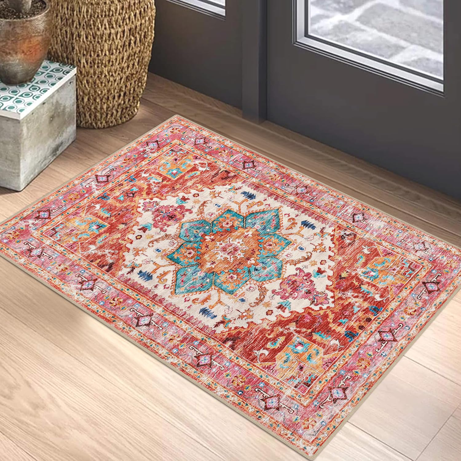 Washable Area Rug, 2x3 Small Entryway Rug Non-Slip Boho Vintage Rug with Rubber Backing, Low Pile Faux Wool Distressed Rug Floor Carpet for Indoor Door Mat, Kitchen, Laundry (Pink)