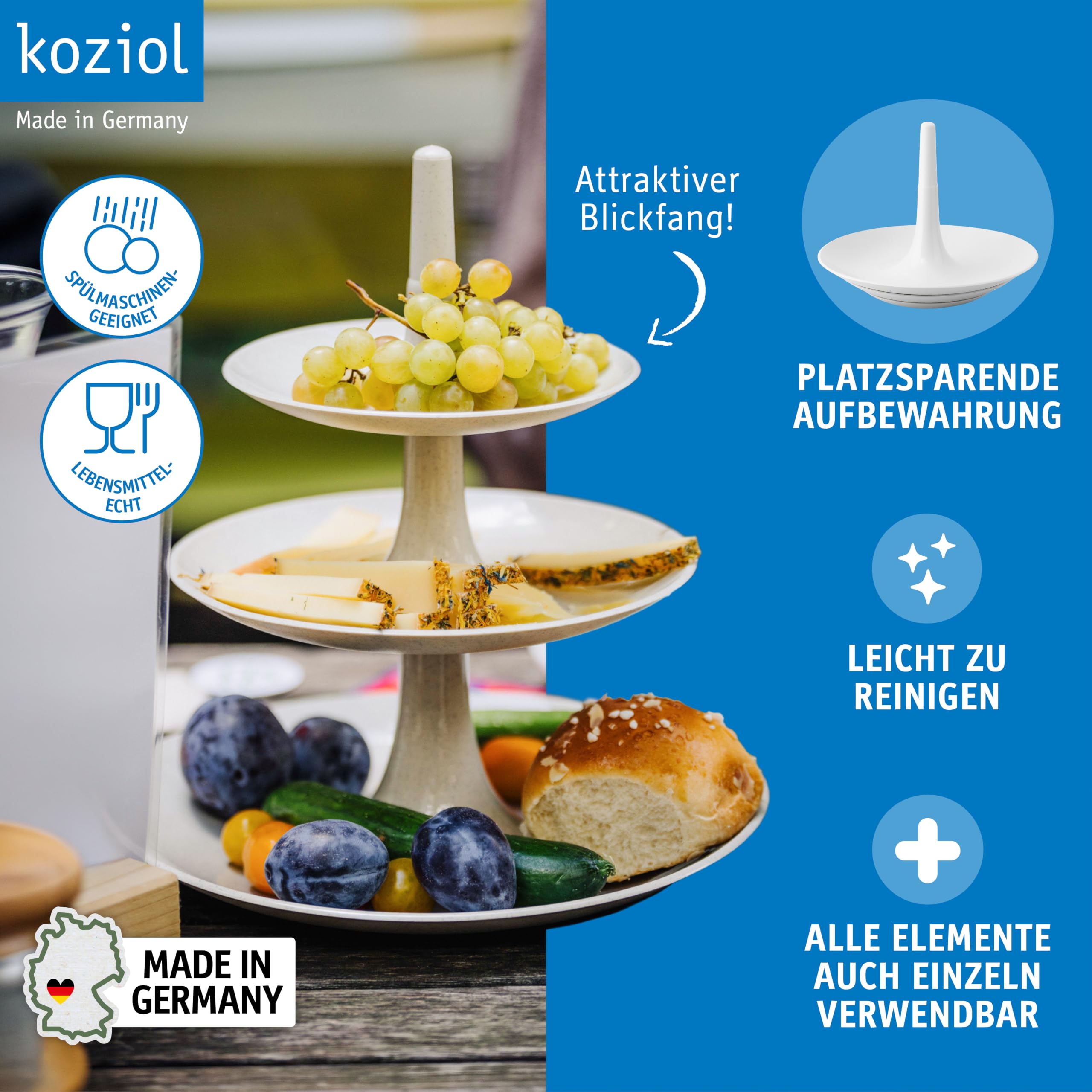 Koziol BABELL L Etagere 3-teilig | Servierständer für Kuchen, Gebäck, Obst, Käse, Sandwiches | biozirkulärer Kunststoff, stapelbar, spülmaschinengeeignet