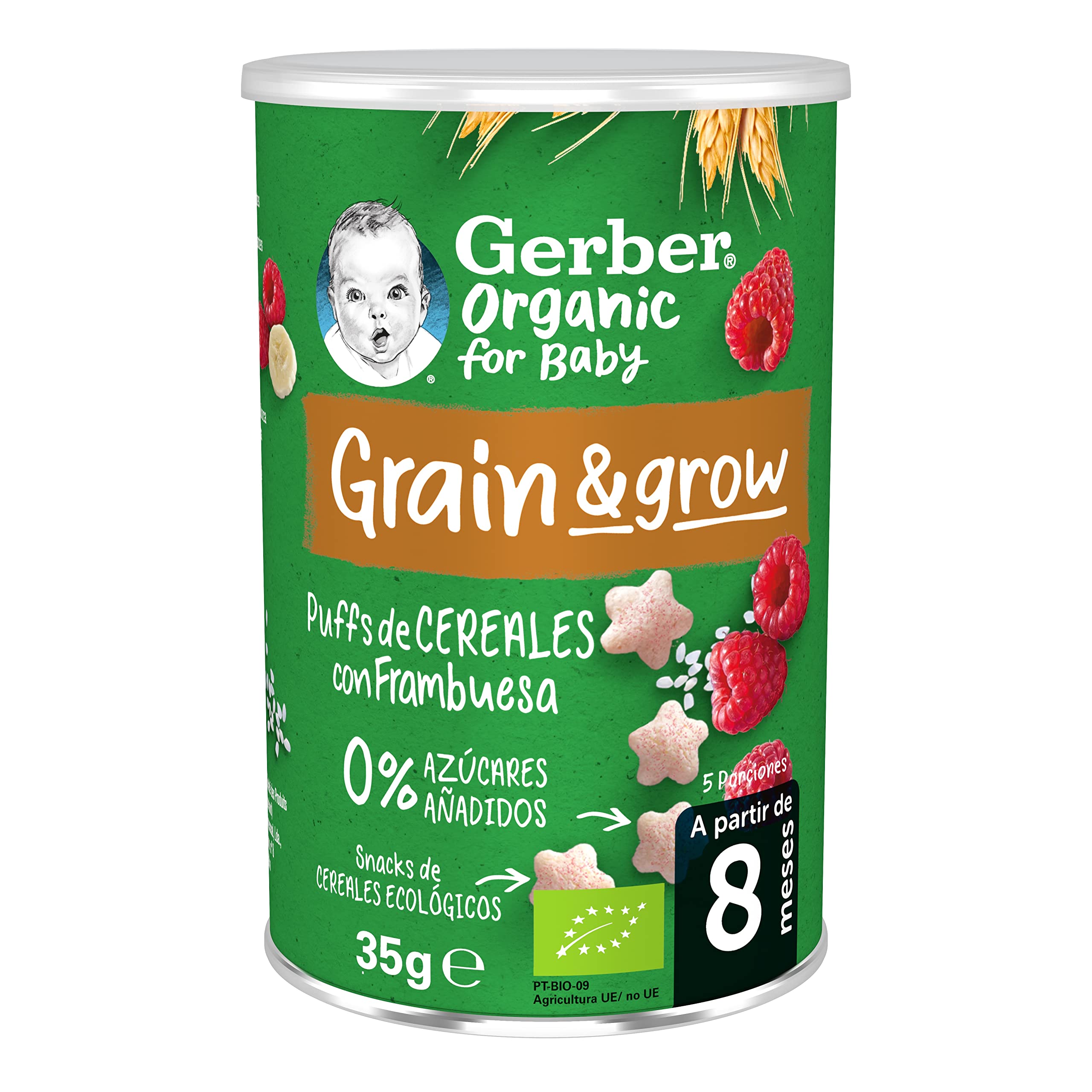 GERBER Organic Puffs Frambuesa y Plátano, Snack de Cereales para Bebés, Latitas 5x35g, a partir de 8 meses