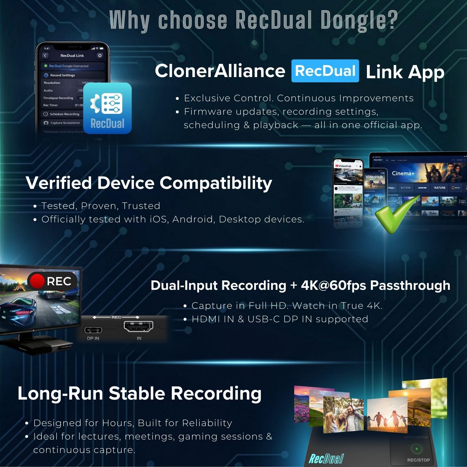ClonerAlliance RecDual Dongle, mini enregistreur vidéo autonome à double entrée 1080p @ 60 fps avec passthrough 4K @ 60 fps, HDMI et USB Type-C DP Capture. Programmation et enregistrement en boucle.