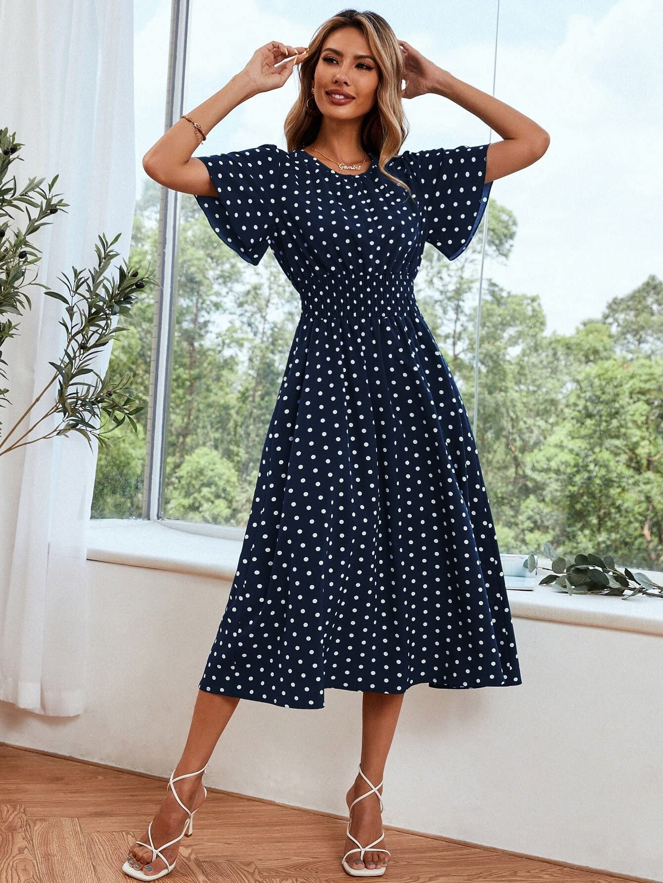 Neeno Women's Dresses Polka Dot Print Butterfly Sleeve Shirred Dress Dress for Women(Color:Navy Blue,Size:Medium) : Clothing, Shoes & Jewelry