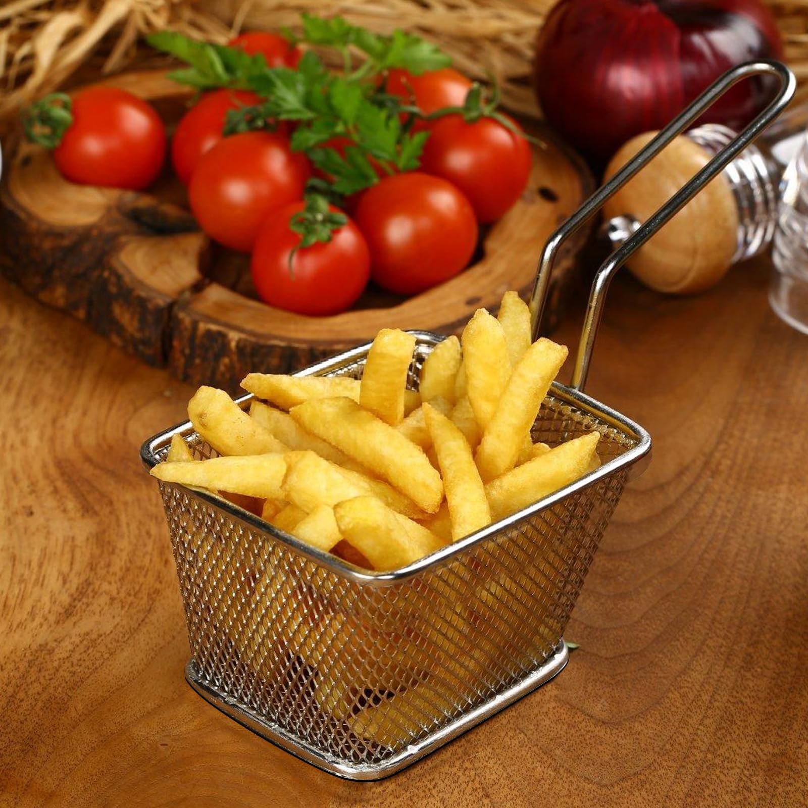 12 pezzi di cestini per patatine fritte, cestello per frittura argento per servire, piccolo cestino in acciaio inossidabile con manico, cestello da portata per patatine fritte, gamberetti, anelli di