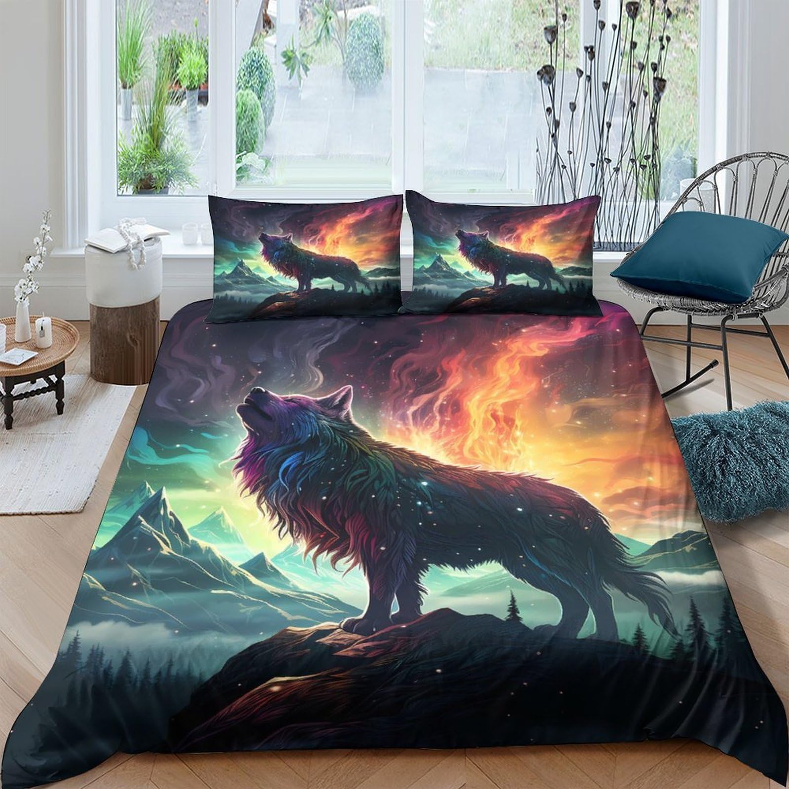 Ctjqhvkz Style-6 3D Printed Aurora Wolf Fitted Sheet Microfiber Soft Breathable Nebula Landscape Mattress Cover Bedroom Decor Single（135X200cm）