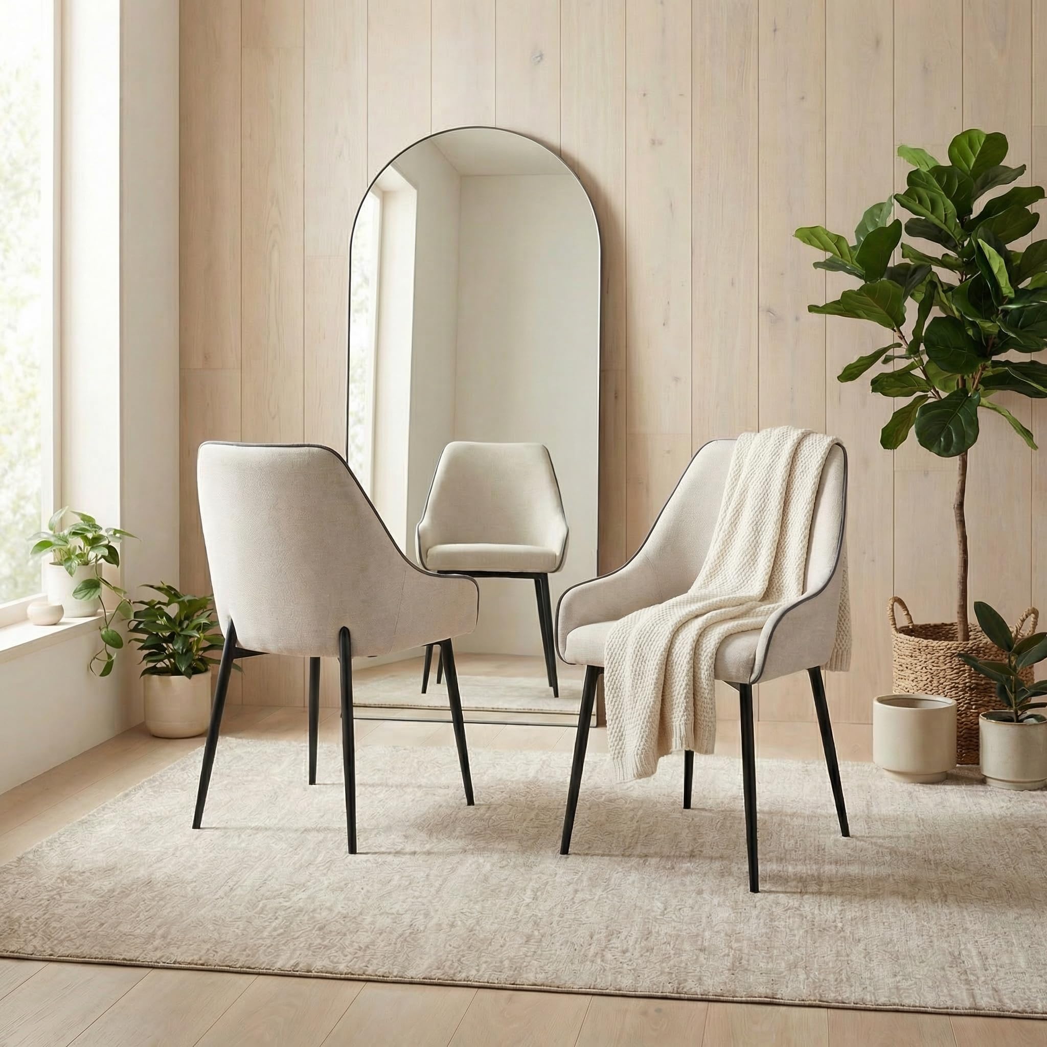 Furniturebox UK Beaumont Dining Chairs – Set of 2 Cream Fabric Upholstered with Black Metal Legs – Modern Bucket Style Dining Room Chairs – Contemporary Upholstered Seating