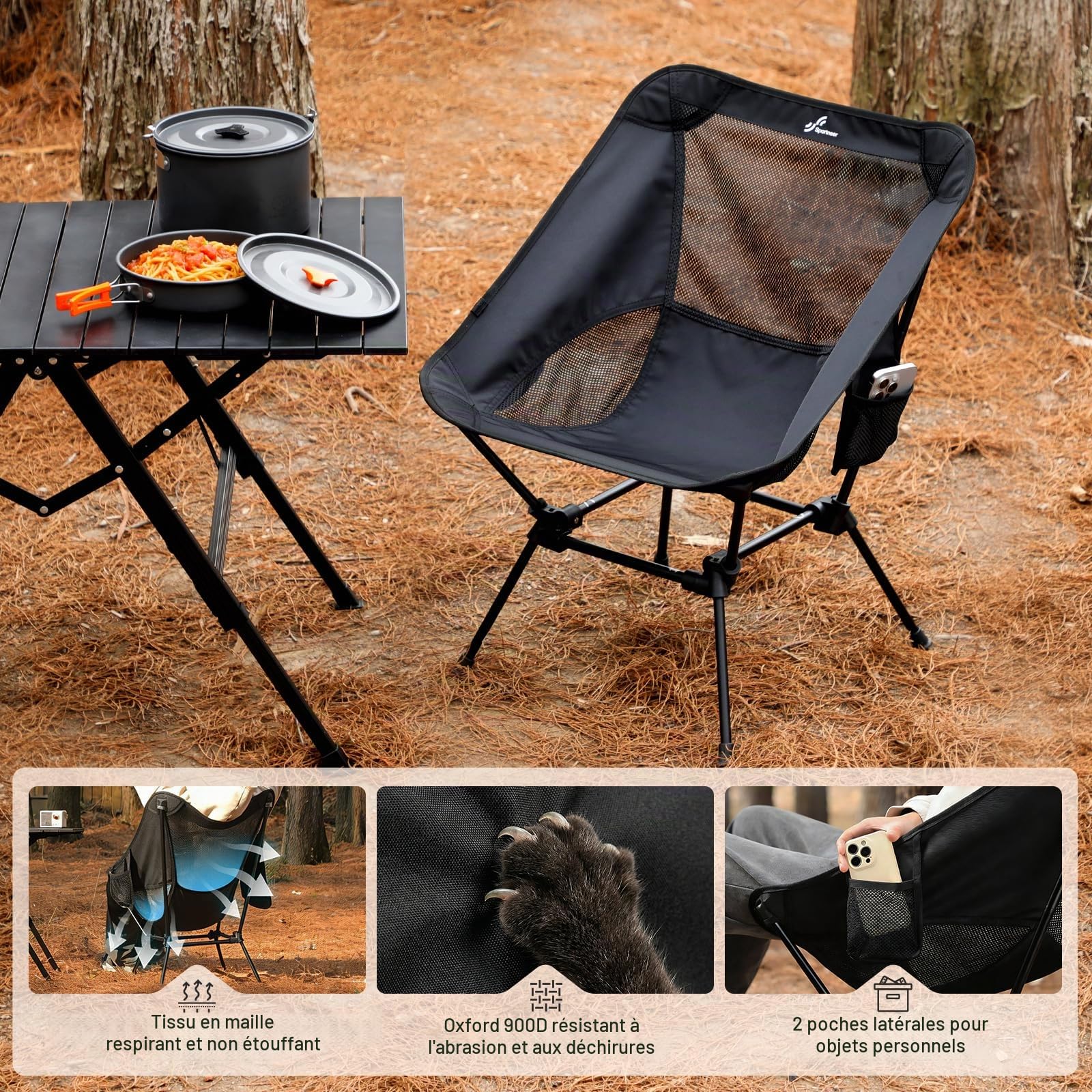 Sportneer Chaise de Camping Pliante Légère et Portable Compactes de Plage Chaise Pliable pour l'Extérieur pour Les Voyages avec Un Sac à Dos Randonnée Pelouse Pique-Nique, Noir, 2
