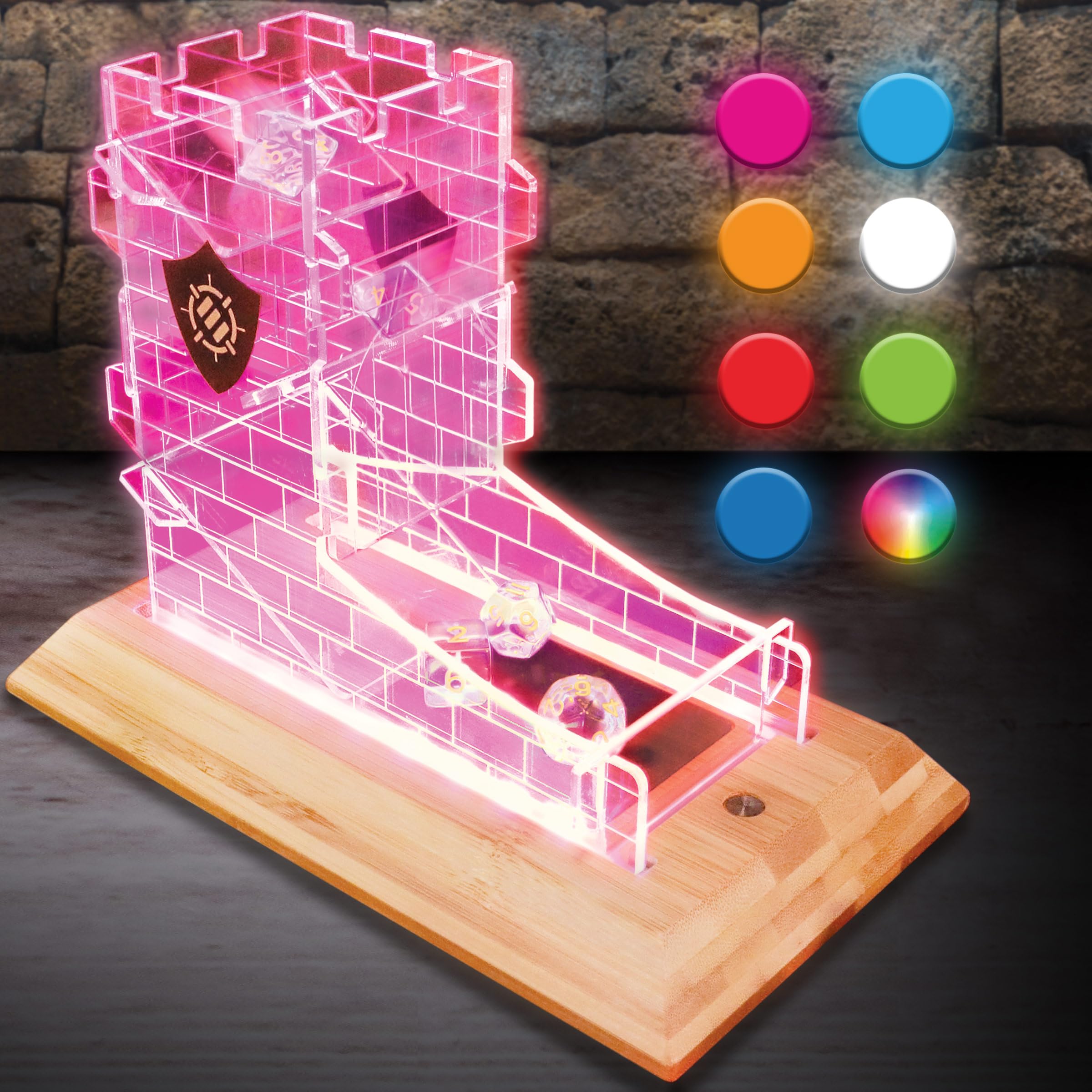 ENHANCE Tour de dés LED avec 7 dés RPG – Ensemble de dés Transparents, Tour LED avec Base en Bambou et Design Château, Roule Jusqu'à 14 dés Standard à la Fois – Idéal pour Soirées de Jeu