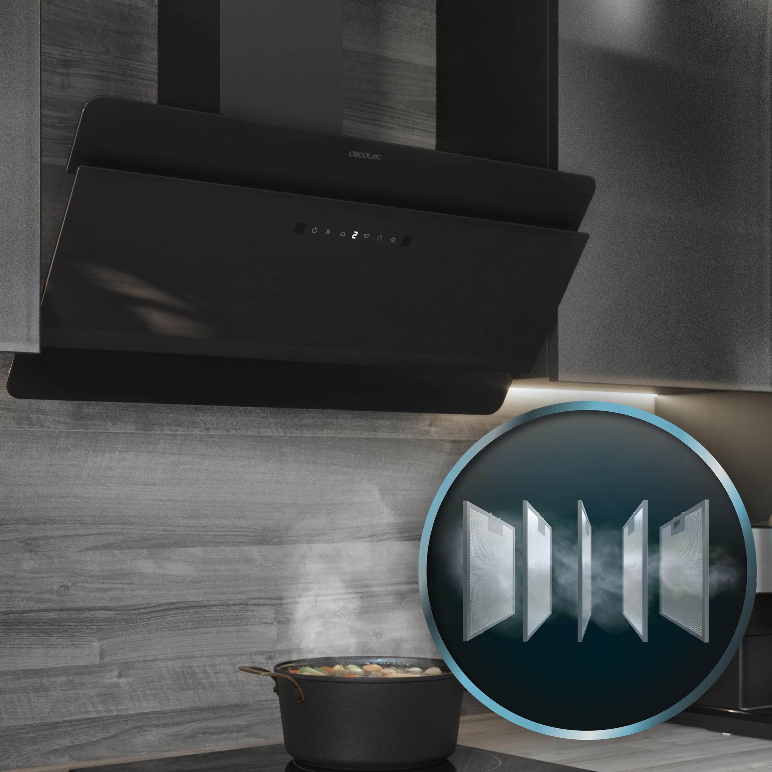 Cecotec Hotte aspirante Bolero Flux DT 908000 Glass Black A++ 90 cm, façade en verre noir, 800m3/h, 210W, A++, éclairage LED, contrôle tactile, 3 niveaux + Booster, filtre charbon.